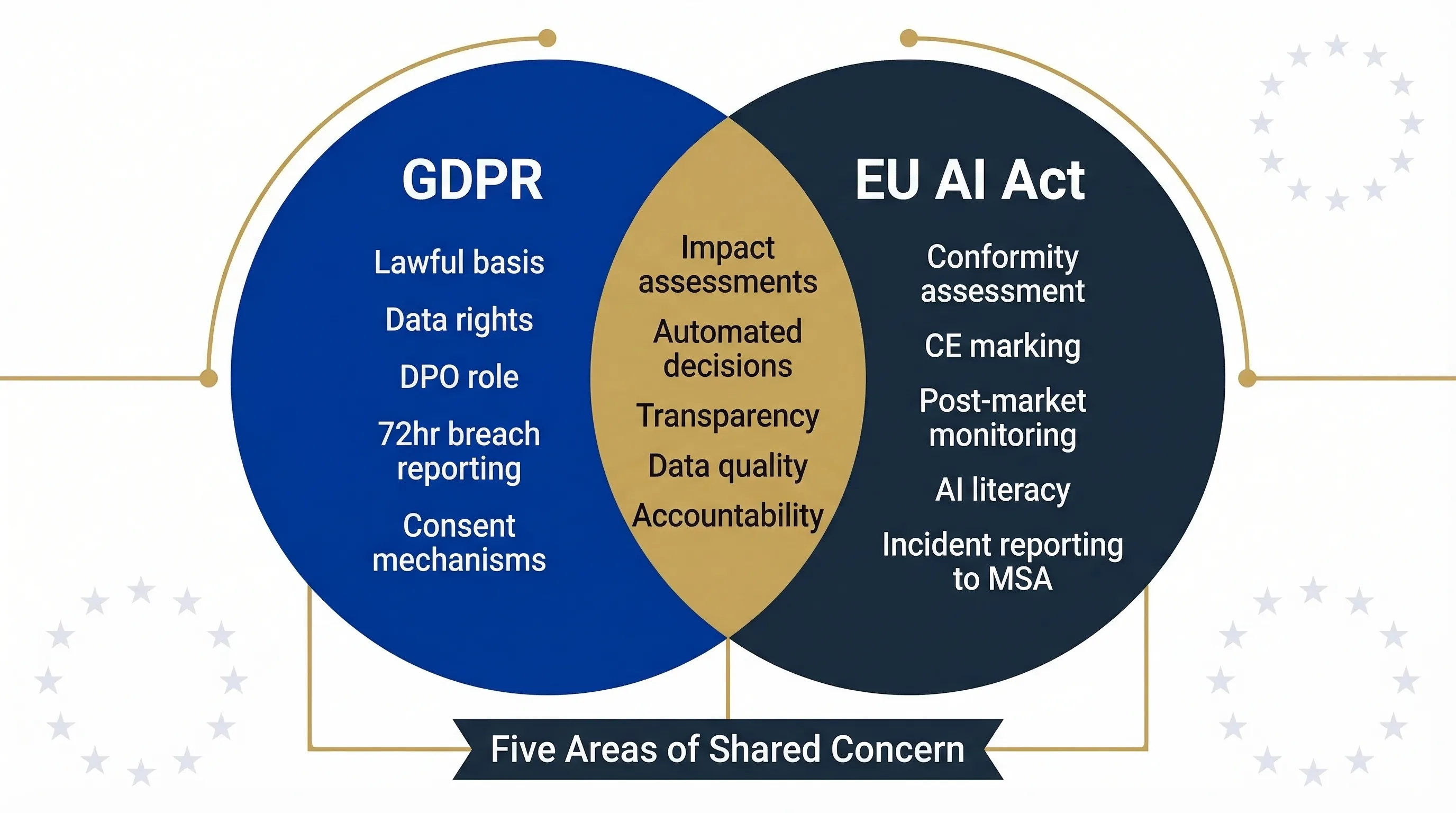 Venn diagram showing five areas of overlap between EU AI Act and GDPR including impact assessments, transparency, and data quality