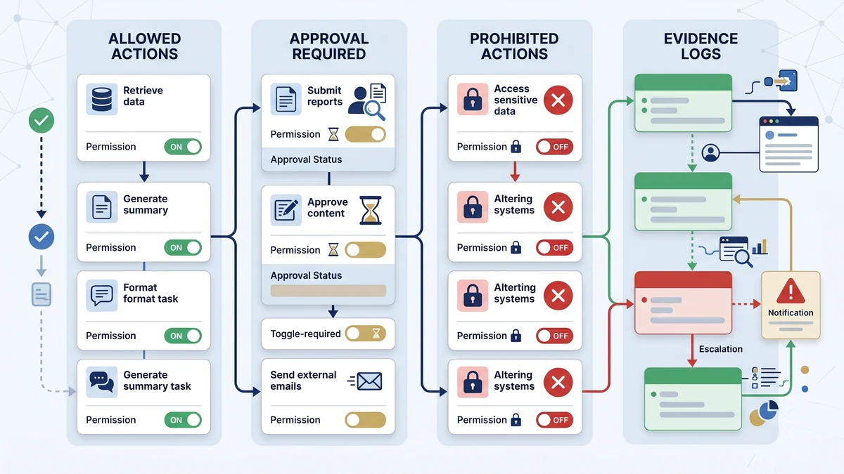 EU AI Act AI agent runtime boundary register showing allowed actions, approval gates, prohibited actions, and log evidence