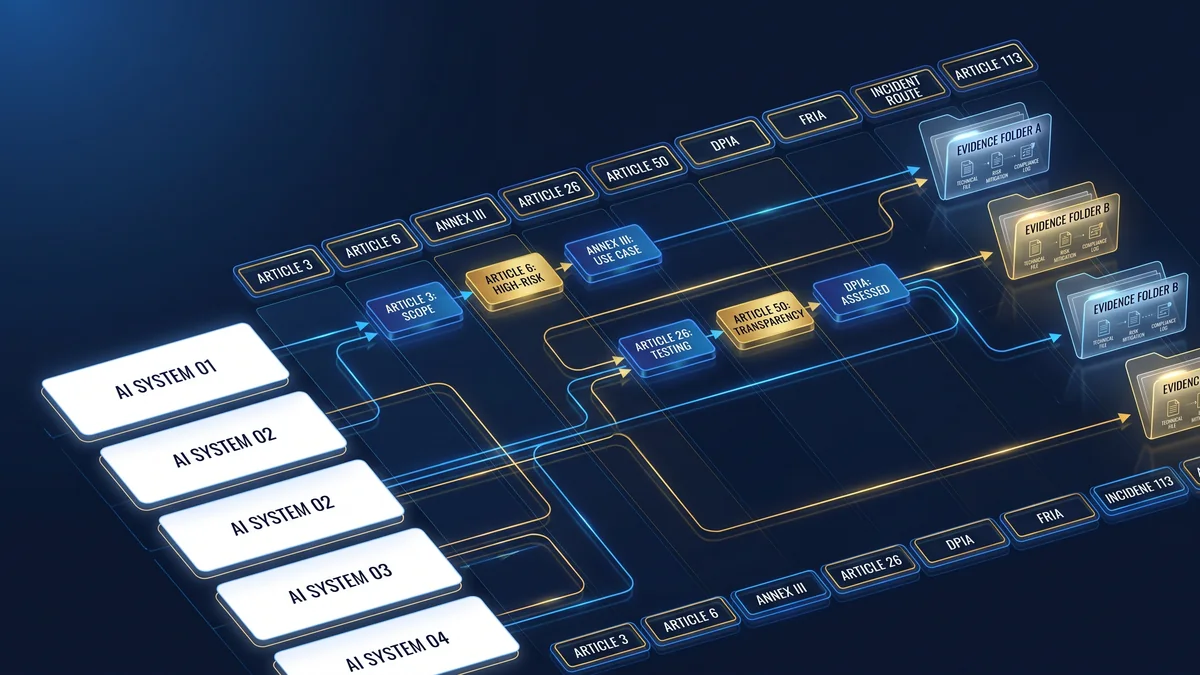 EU AI Act AI system inventory dashboard routing records to Article 3, Article 6, Annex III, Article 26, Article 50, DPIA, FRIA, incidents, and deadlines