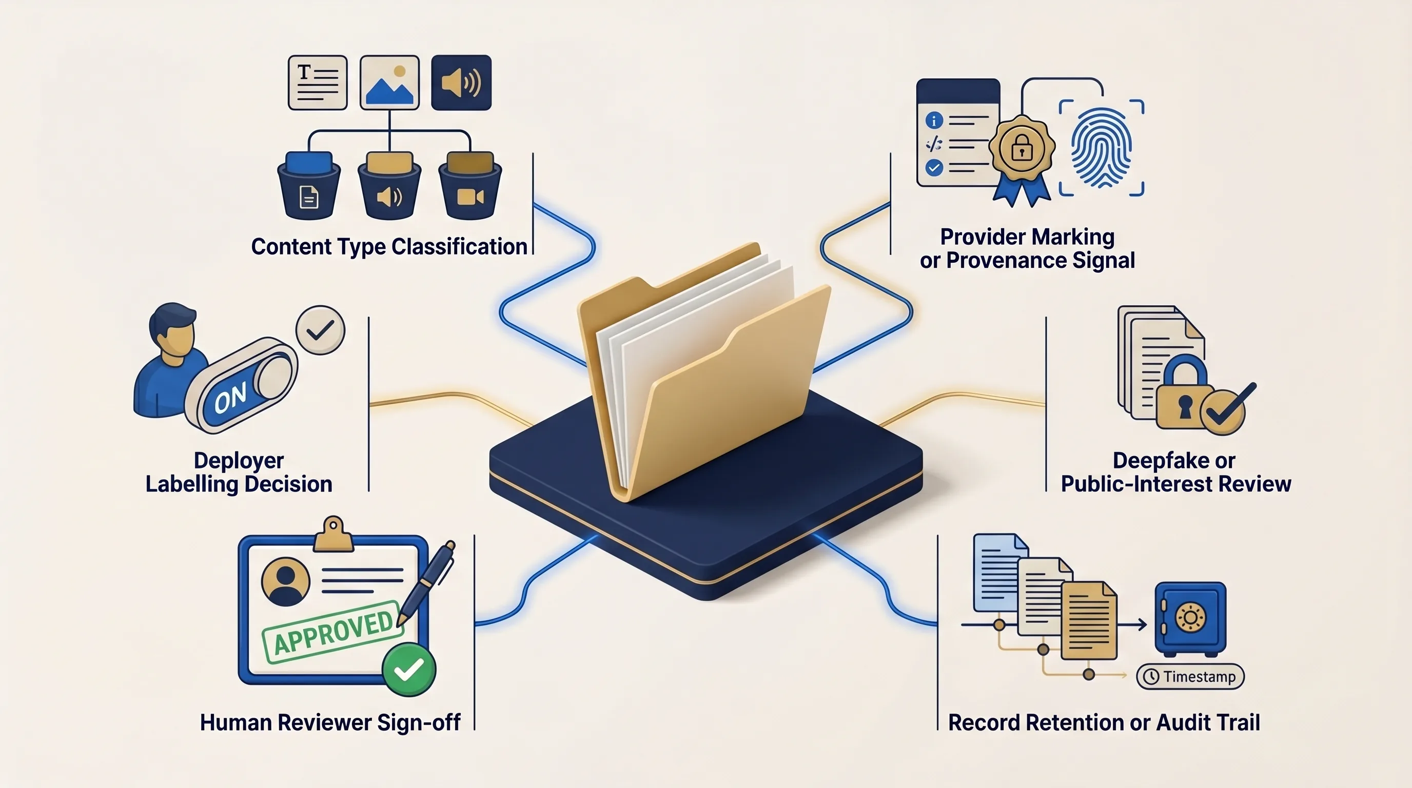 Illustration of an Article 50 evidence file workflow showing content classification, provider marking, deployer labelling, human review, and retained records for AI-generated content.