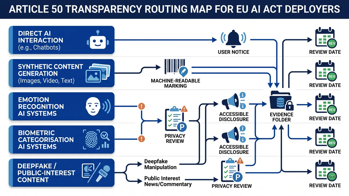 Workflow for routing Article 50 AI interaction, generated content, deepfake, biometric, emotion recognition, and public-interest text scenarios to disclosure evidence