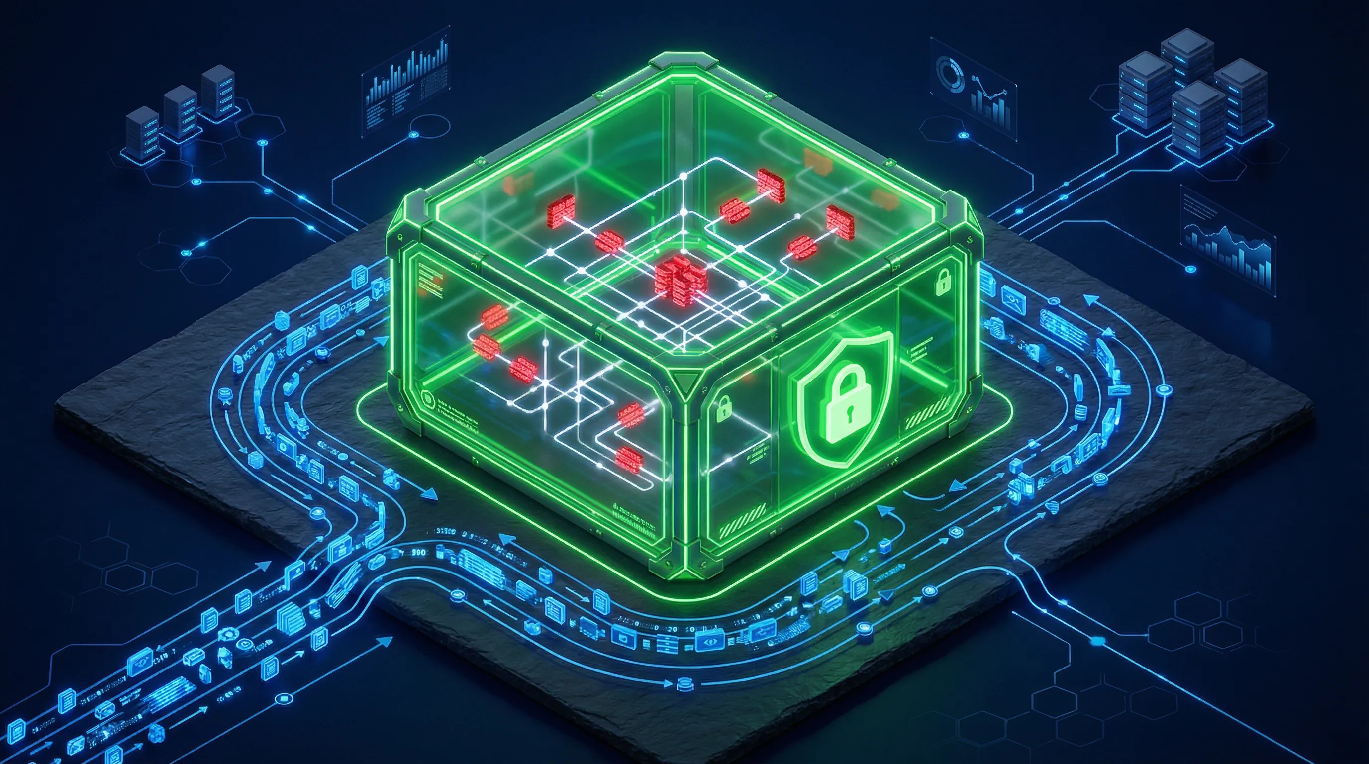 3D illustration of a secure digital harbor protecting sensitive red data nodes within a green cryptographic shell