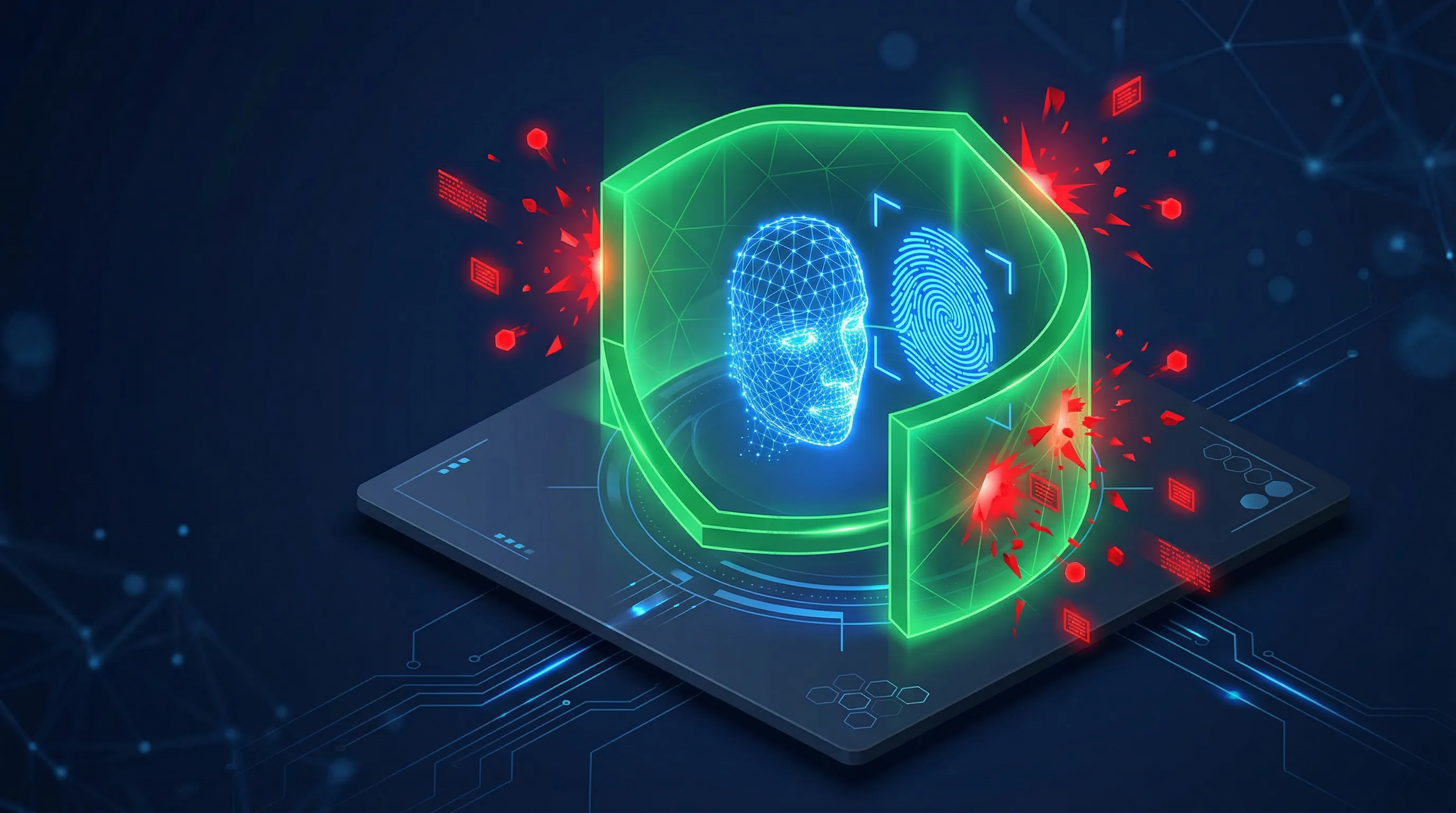3D illustration of a digital fingerprint scanner enclosed in a compliance shield preventing external data extraction