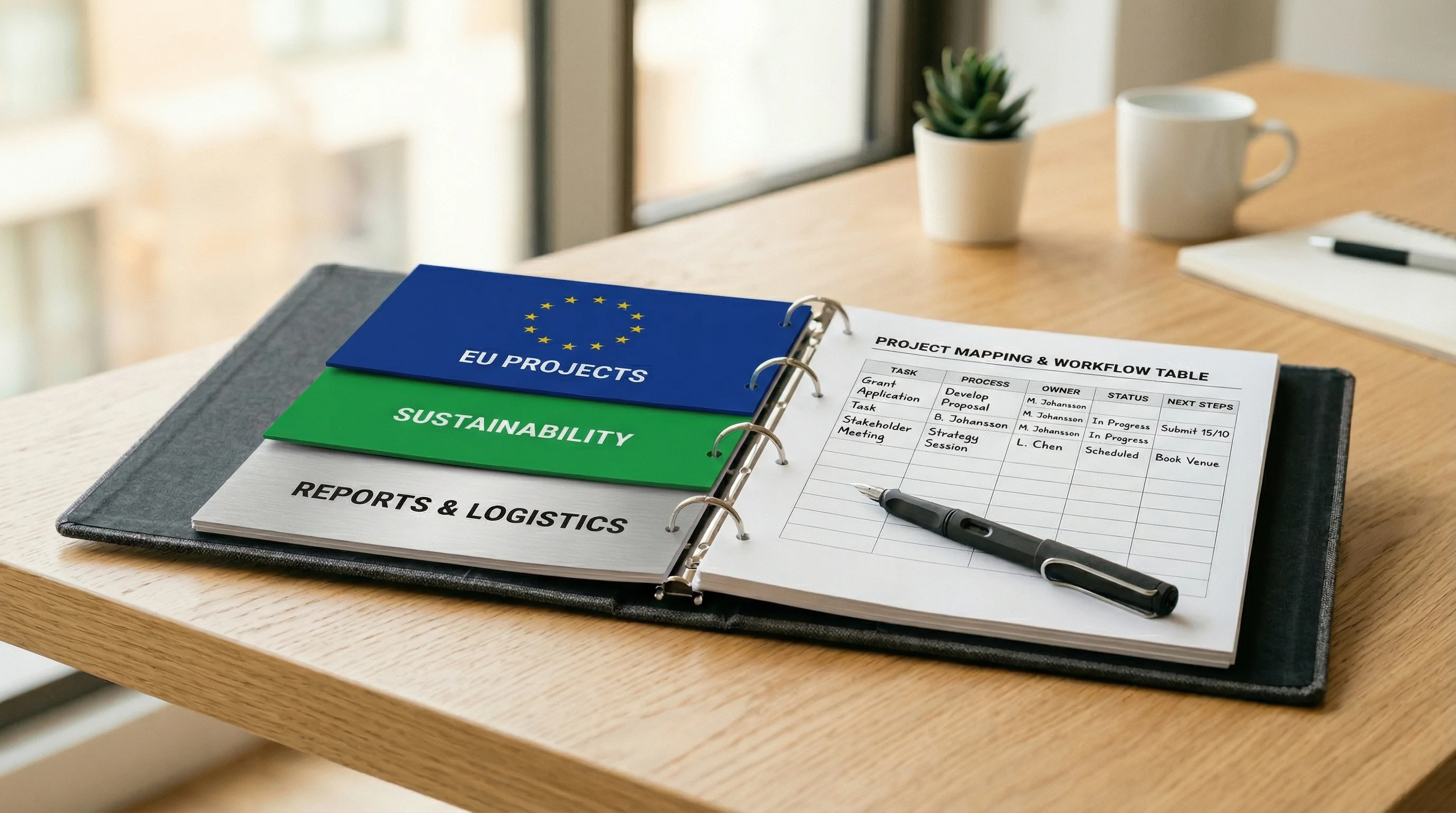 Project mapping and workflow table in a binder showing EU projects sustainability and reports logistics tracking