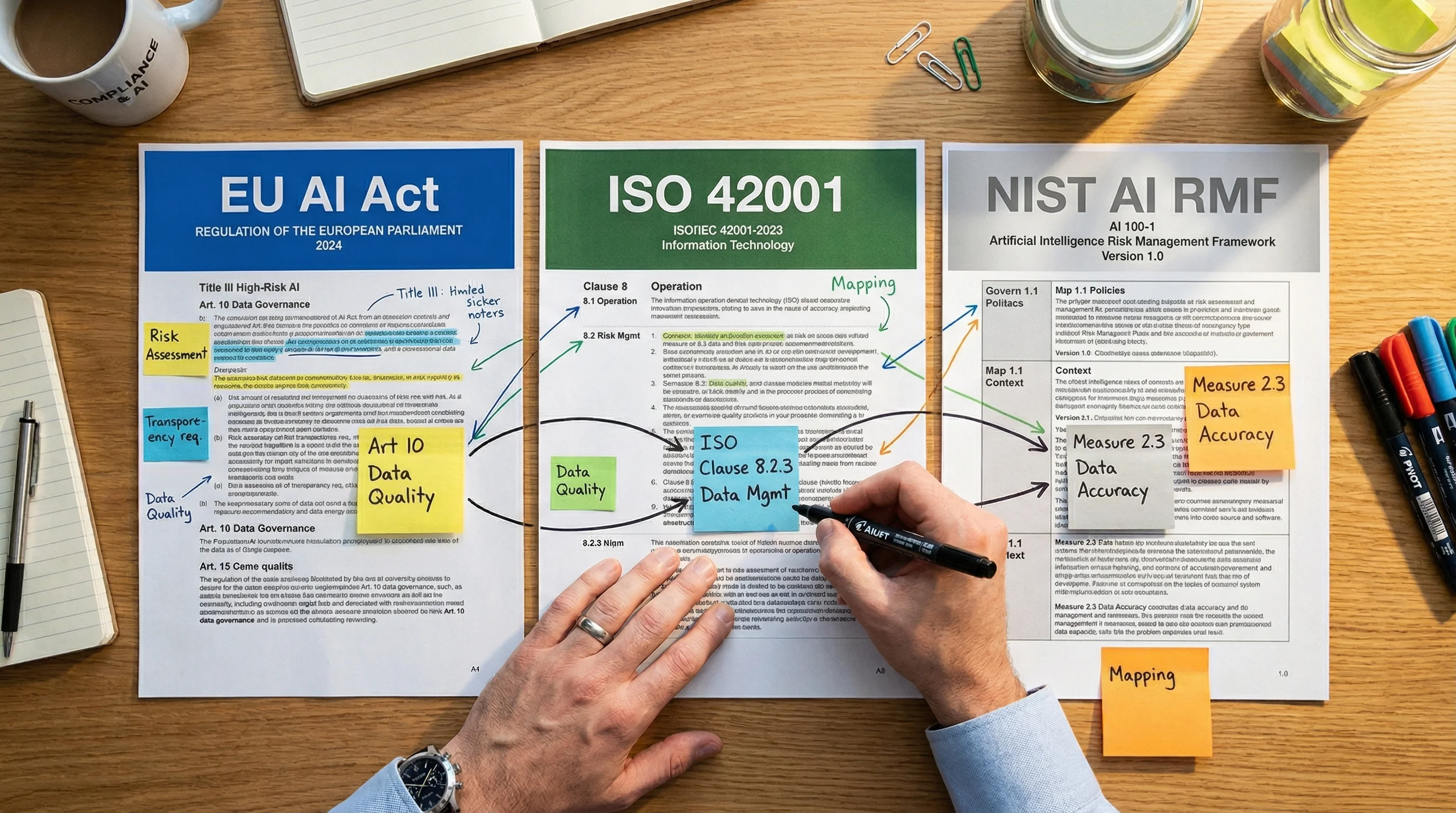Handwritten mapping of EU AI Act Article 10 Data Quality requirements to ISO 42001 Clause 8.2.3 and NIST AI RMF Measure 2.3