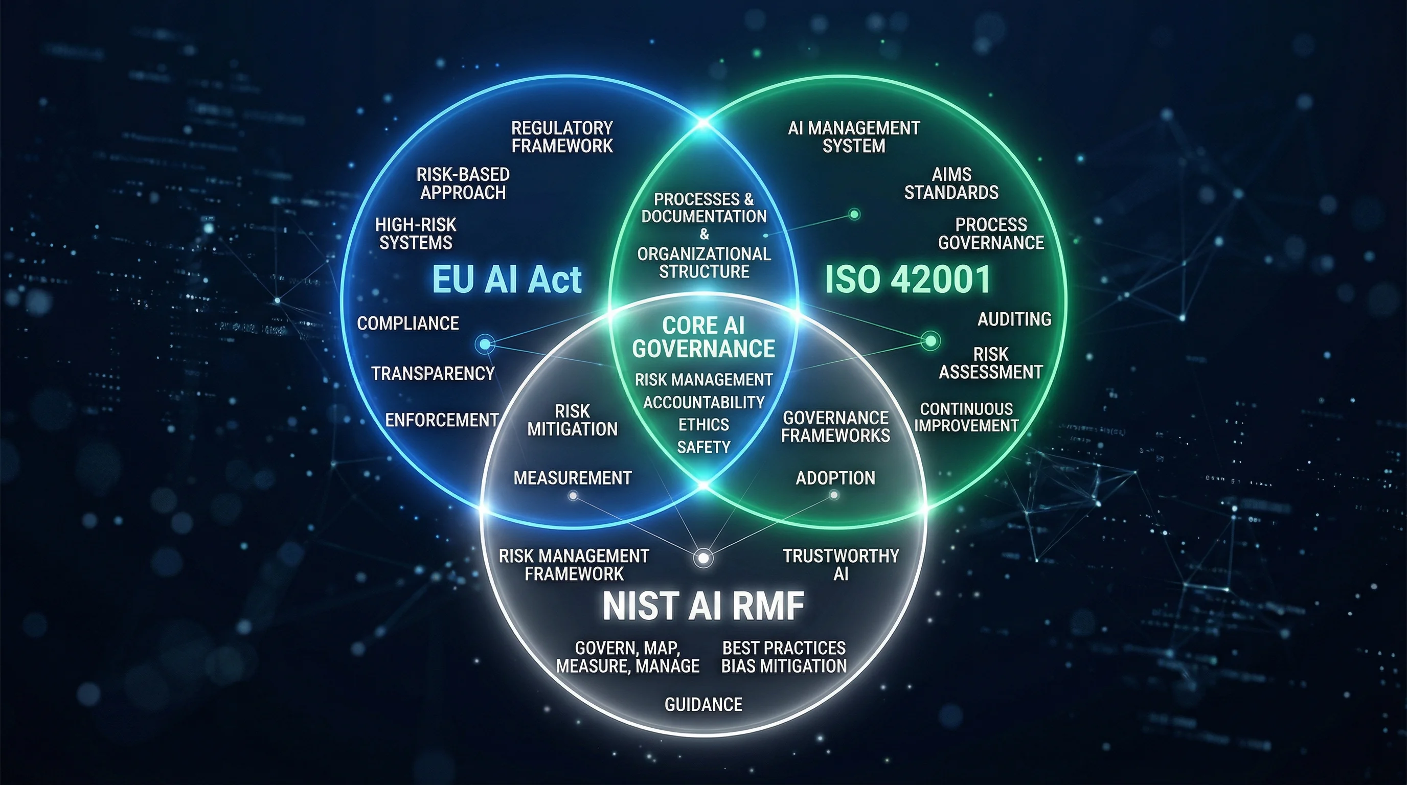Venn diagram mapping overlaps between EU AI Act regulatory framework ISO 42001 AI management system and NIST AI RMF functions