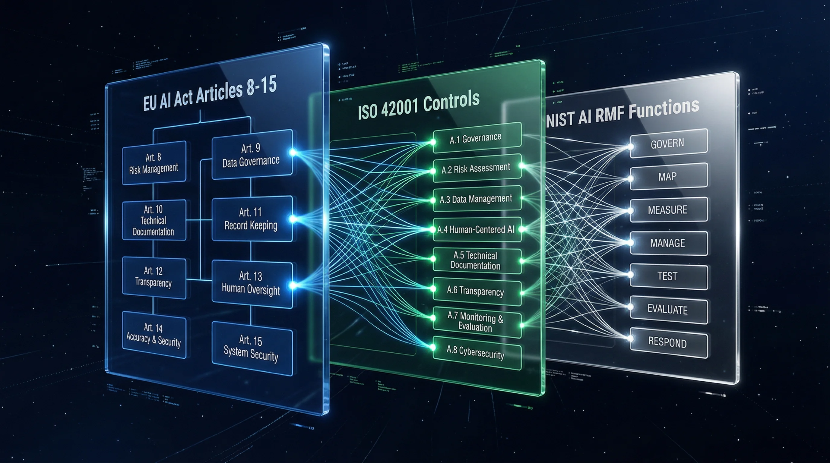 3D visualization of the three-layer transparency stack connecting EU AI Act Articles 8-15 to ISO 42001 controls and NIST AI RMF functions
