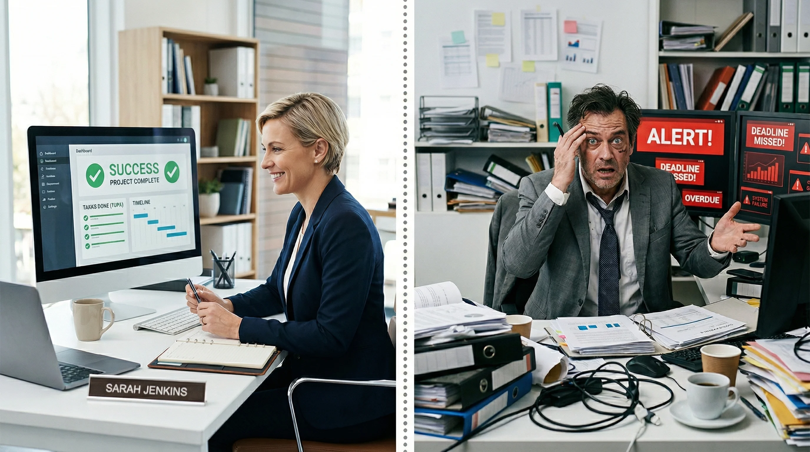 Successful project completion vs missed deadline stress comparison for EU AI Act compliance