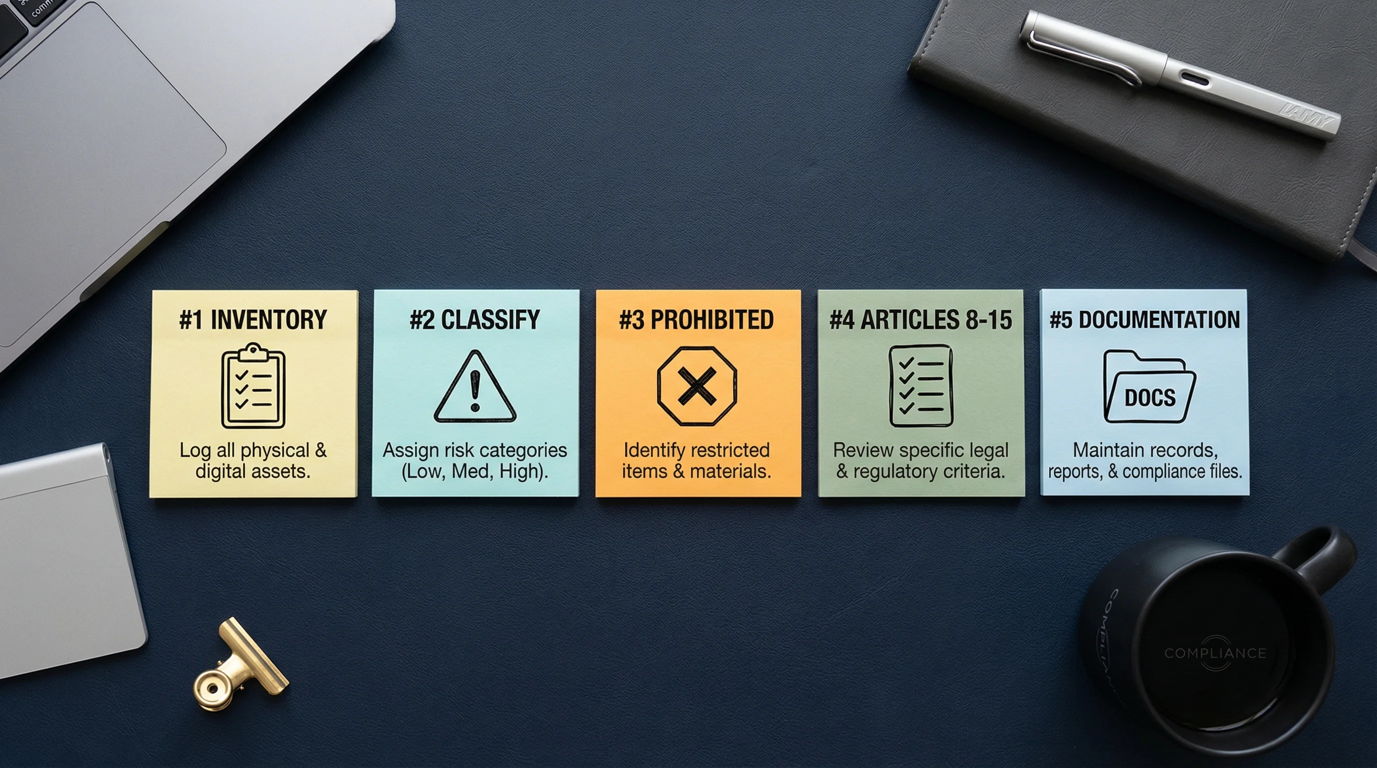 5-step SME action plan for EU AI Act compliance: Inventory, Classify, Prohibited, Articles 8-15, Documentation