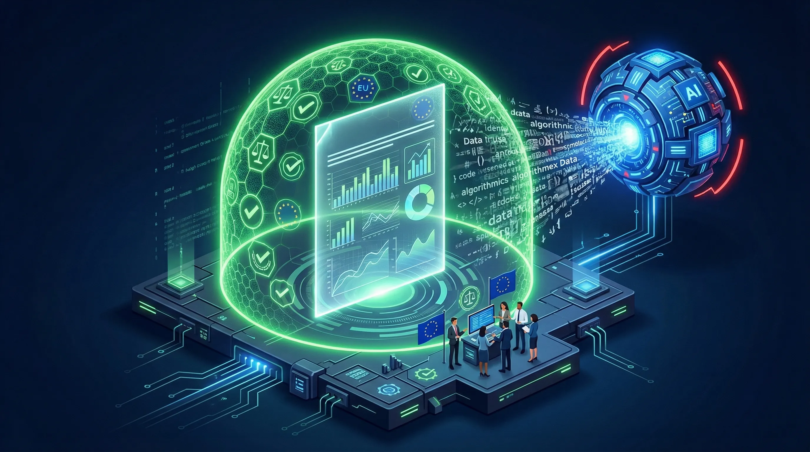 3D illustration of an algorithmic grading rubric being verified by a glowing compliance shield