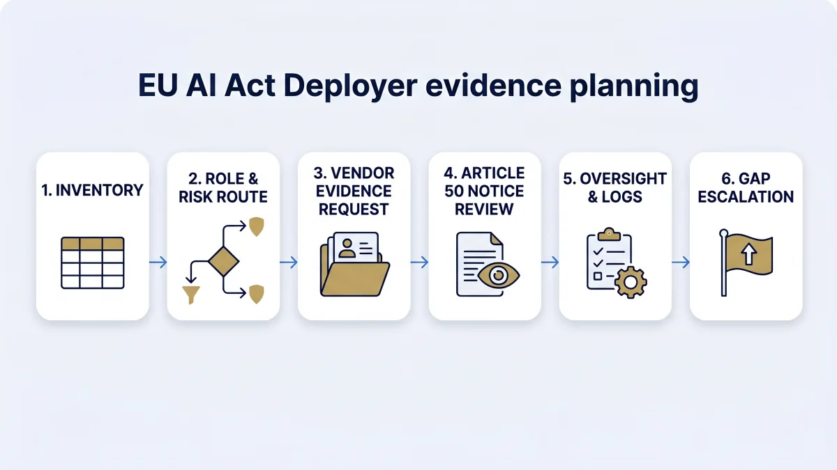 EU AI Act 30-day evidence workflow map linking inventory, role classification, vendor evidence, Article 50 notices, oversight records, and gap escalation