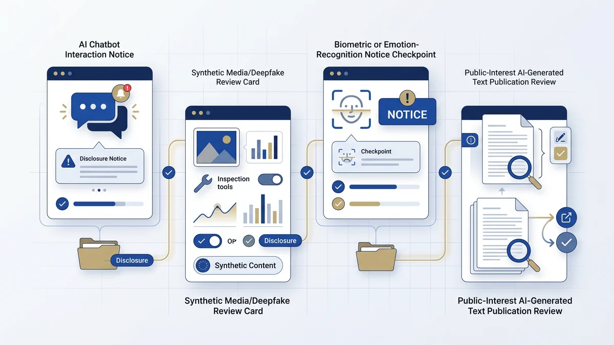 EU AI Act Article 50 disclosure checklist with AI labels, deepfake review, biometric notice, and public-interest controls