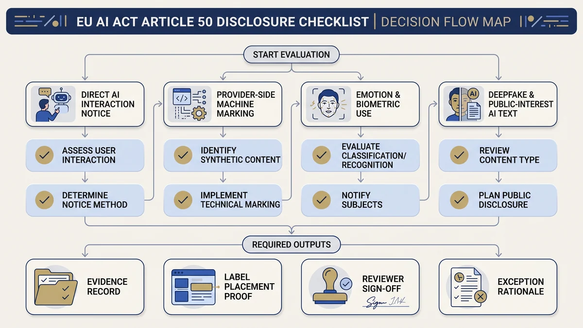 EU AI Act Article 50 decision map for AI notices, machine-readable marking, deepfake disclosure, and public-interest text