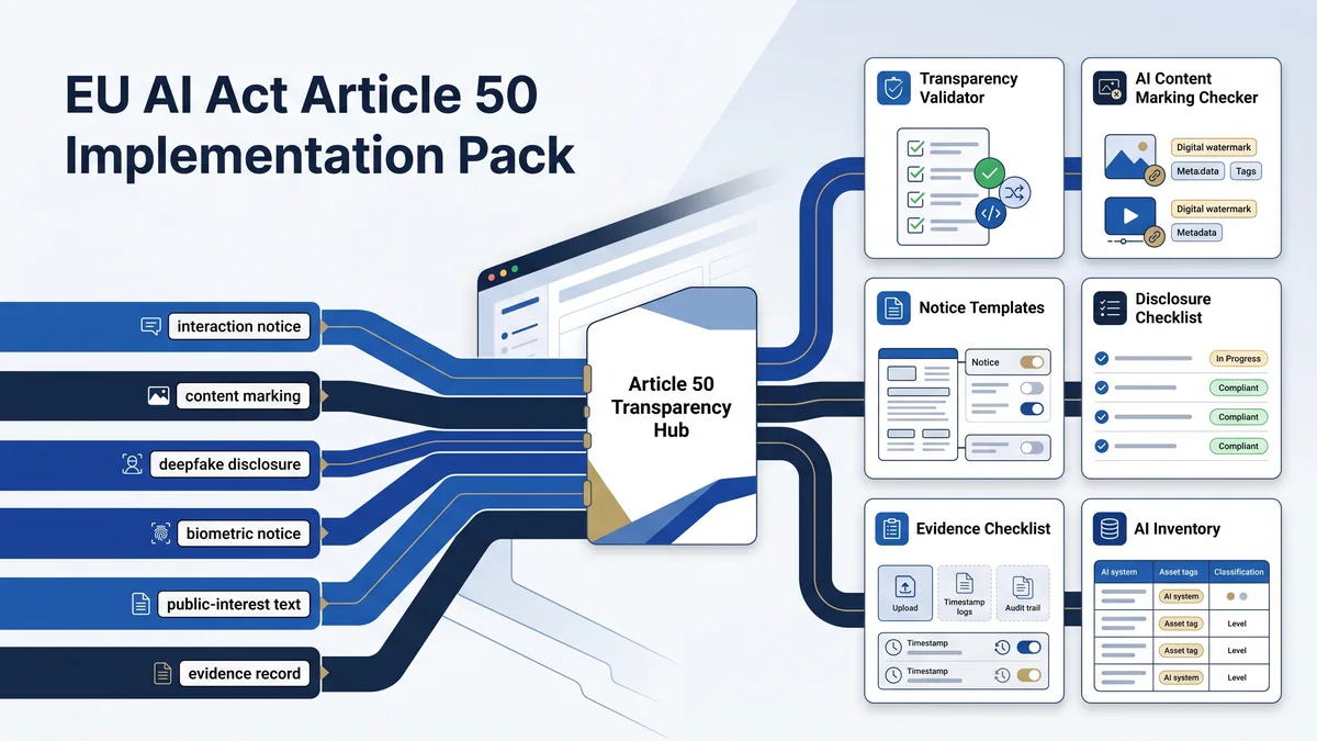 EU AI Act Article 50 implementation pack routing transparency scenarios to disclosure notices, content marking, and evidence records