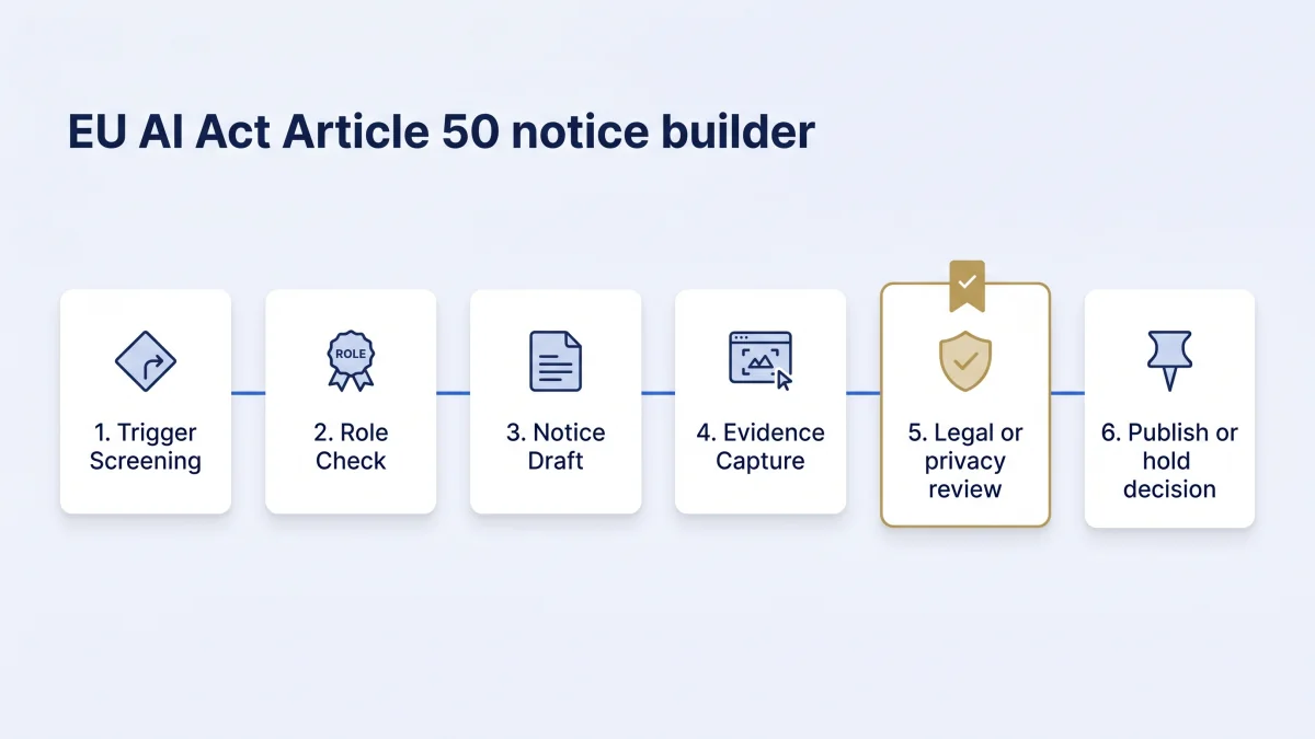 EU AI Act Article 50 notice builder workflow linking trigger screening, notice drafting, evidence retention, and legal review escalation