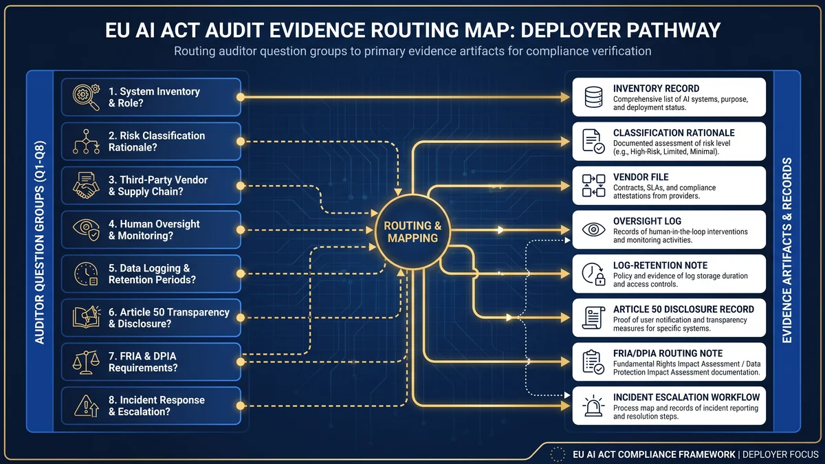 EU AI Act audit evidence routing map linking auditor questions to inventory, classification, vendor evidence, oversight logs, Article 50, FRIA, DPIA, and incident records