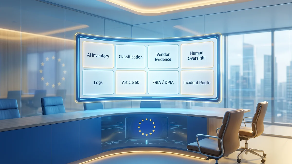 EU AI Act audit questions evidence hub showing AI inventory, classification, vendor evidence, oversight, logs, Article 50, FRIA, DPIA, and incident route