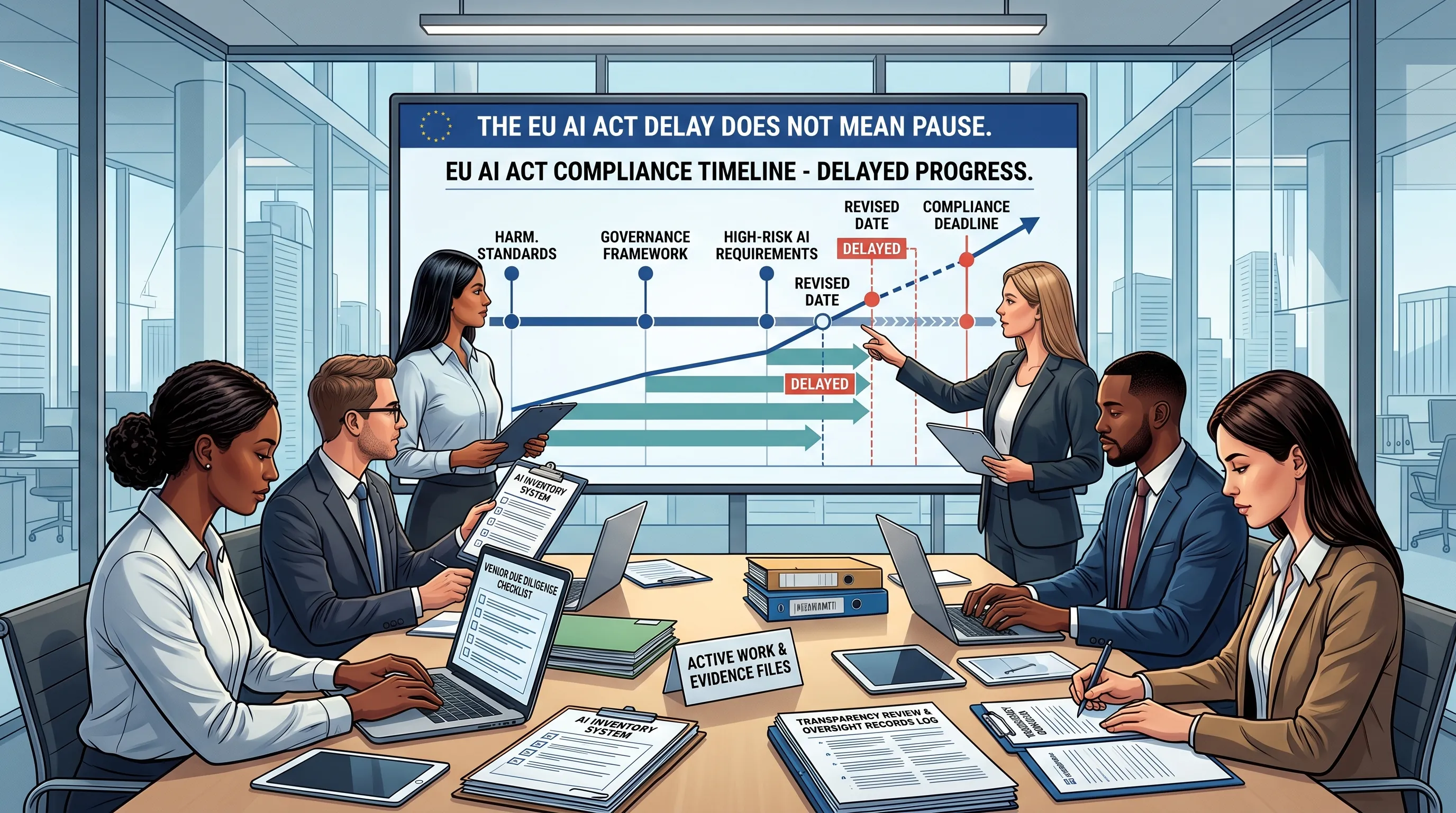 AI governance team continuing evidence work while reviewing shifting EU AI Act milestone dates on a compliance timeline