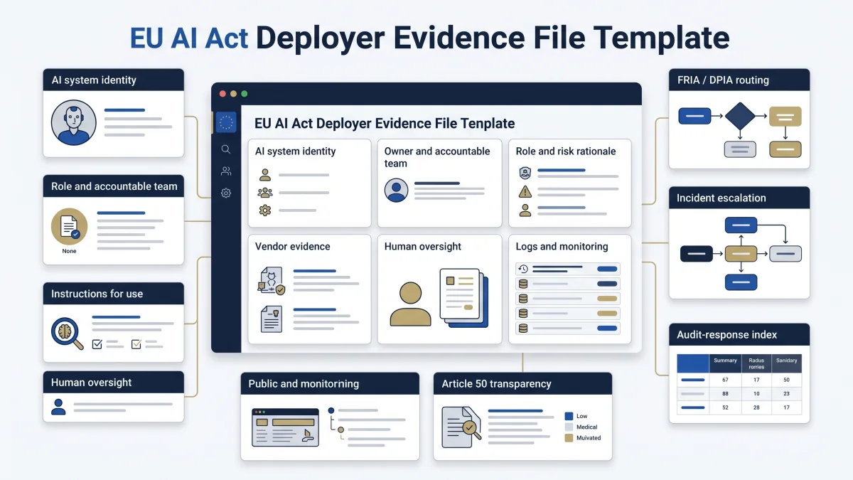 EU AI Act deployer evidence-file workflow showing inventory, classification, vendor files, oversight logs, transparency records, and incident workflow