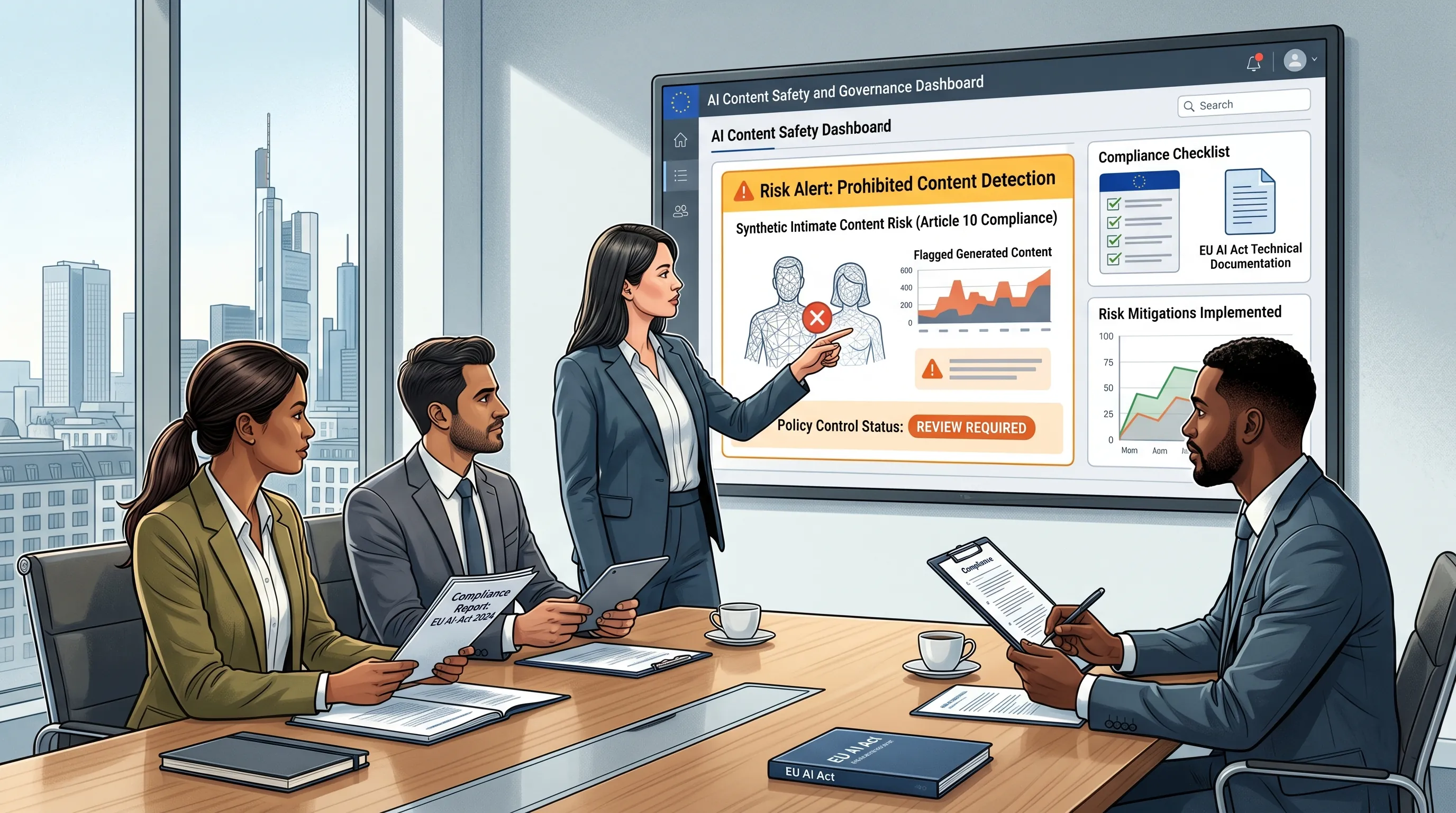 Compliance team reviewing AI content safety controls and the provisional EU AI Act nudification ban for non-consensual intimate-content generation