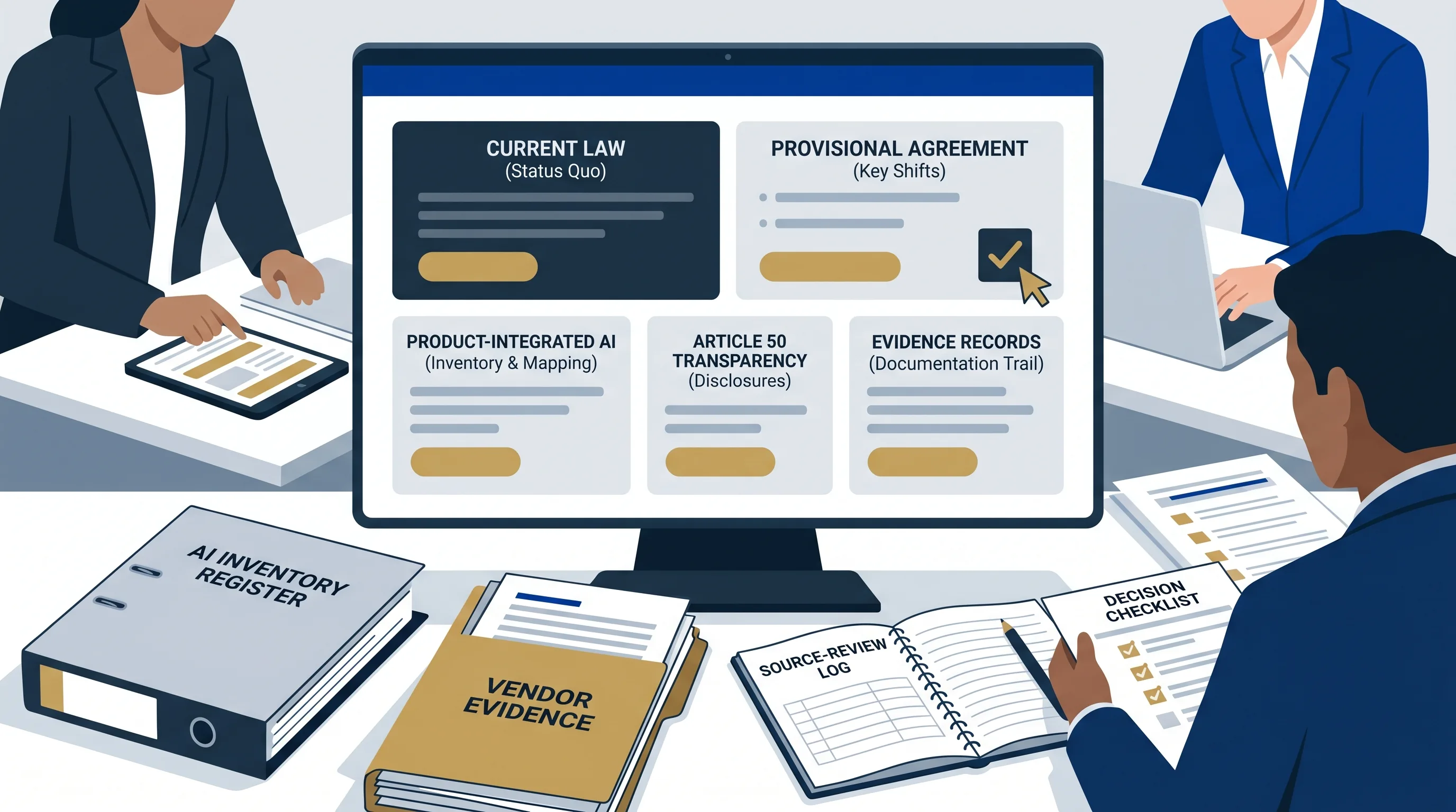 Compliance team mapping EU AI Act current-law baseline and Digital Omnibus planning tracks into an evidence file