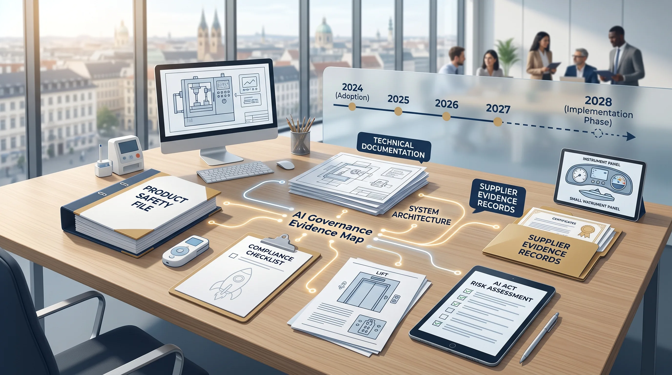 Product-integrated AI systems map showing 2028 planning track, product safety file and EU AI Act evidence file