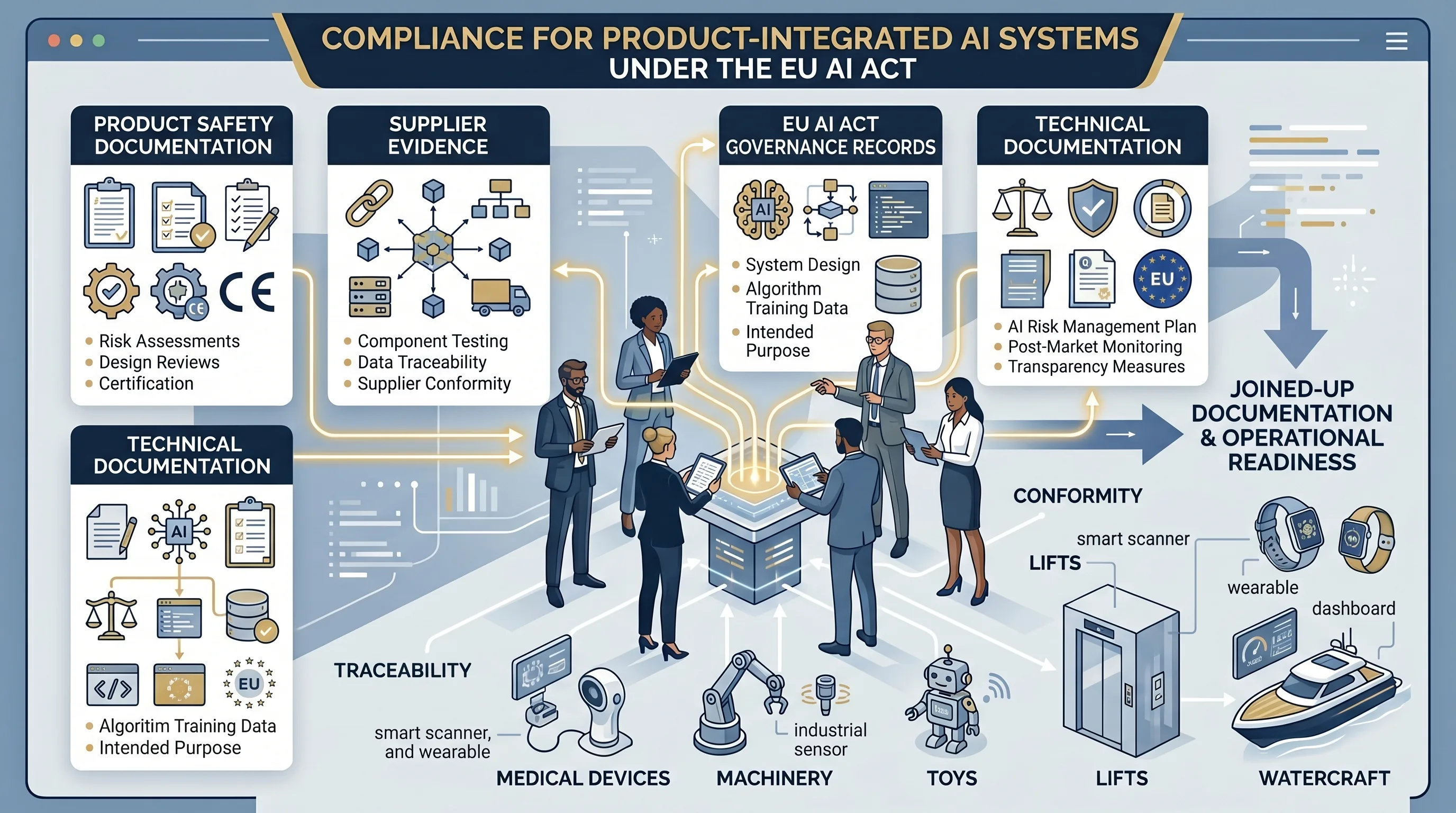 Compliance team linking product safety documentation, supplier evidence, and EU AI Act records for an AI-enabled regulated product