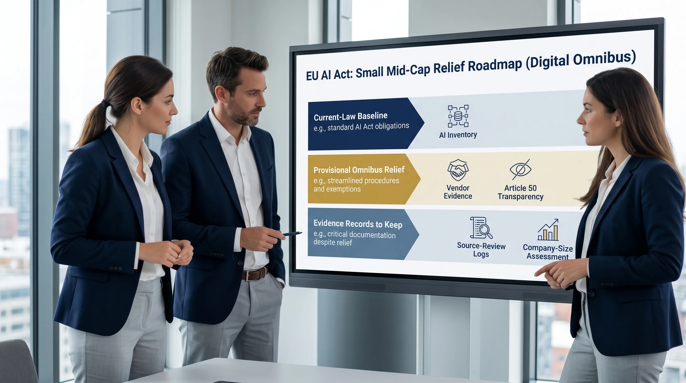 EU AI Act small mid-cap relief planning map showing SME evidence records and Digital Omnibus caveats