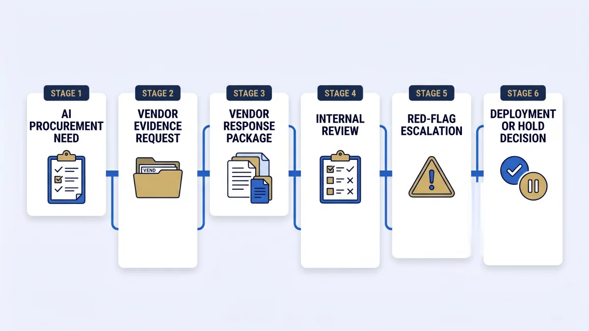 EU AI Act vendor evidence request workflow map linking procurement, vendor documents, internal review, red flags, and deployment approval