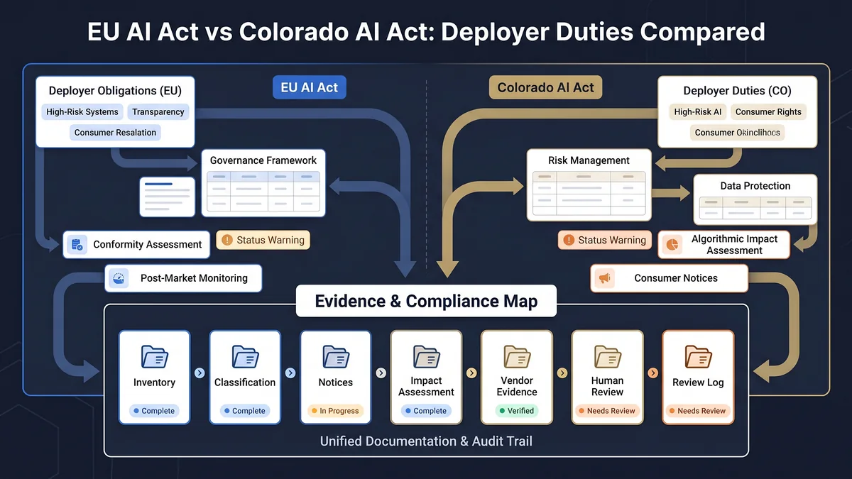 EU AI Act vs Colorado AI Act deployer comparison map showing inventory, high-risk routing, notices, impact assessments, vendor evidence, and review records