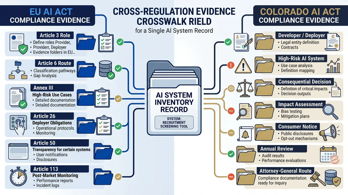 EU AI Act and Colorado AI Act evidence crosswalk showing one AI system record branching into classification, notices, impact assessment, vendor evidence, human review, and periodic review