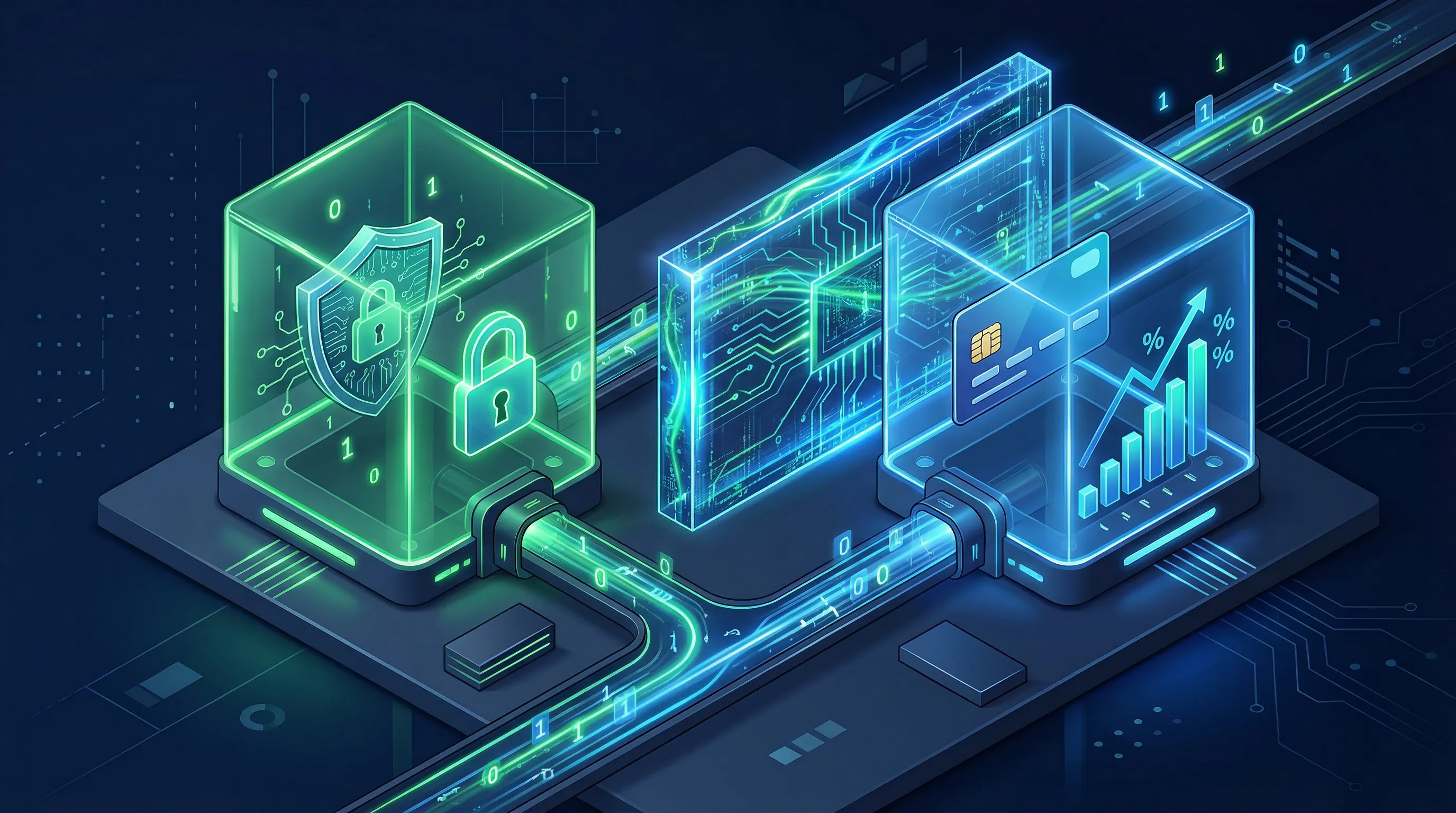 3D illustration of two segregated digital data pipelines, one green for fraud and one blue for credit scoring, separated by a glowing barrier