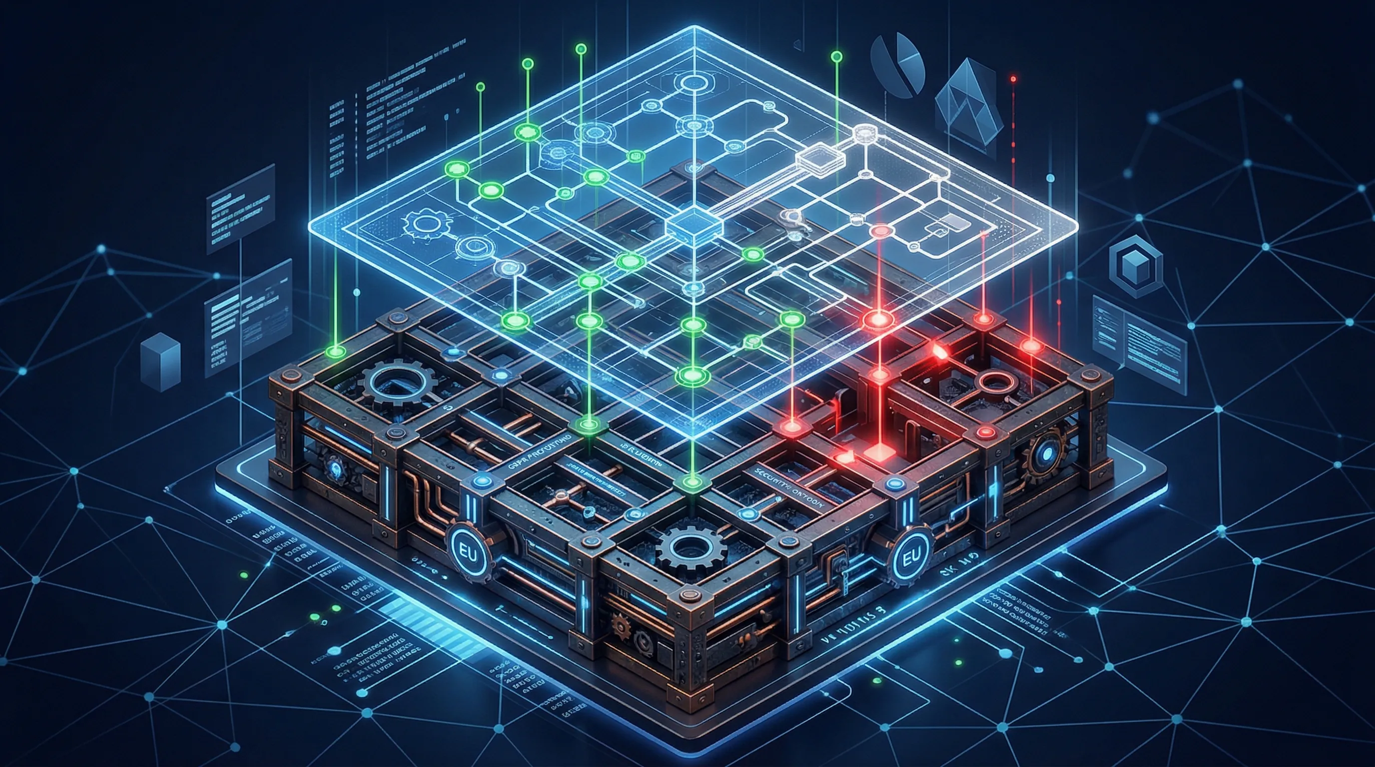 3D visualization mapping ISO 42001 and NIST frameworks against the EU AI Act requirements