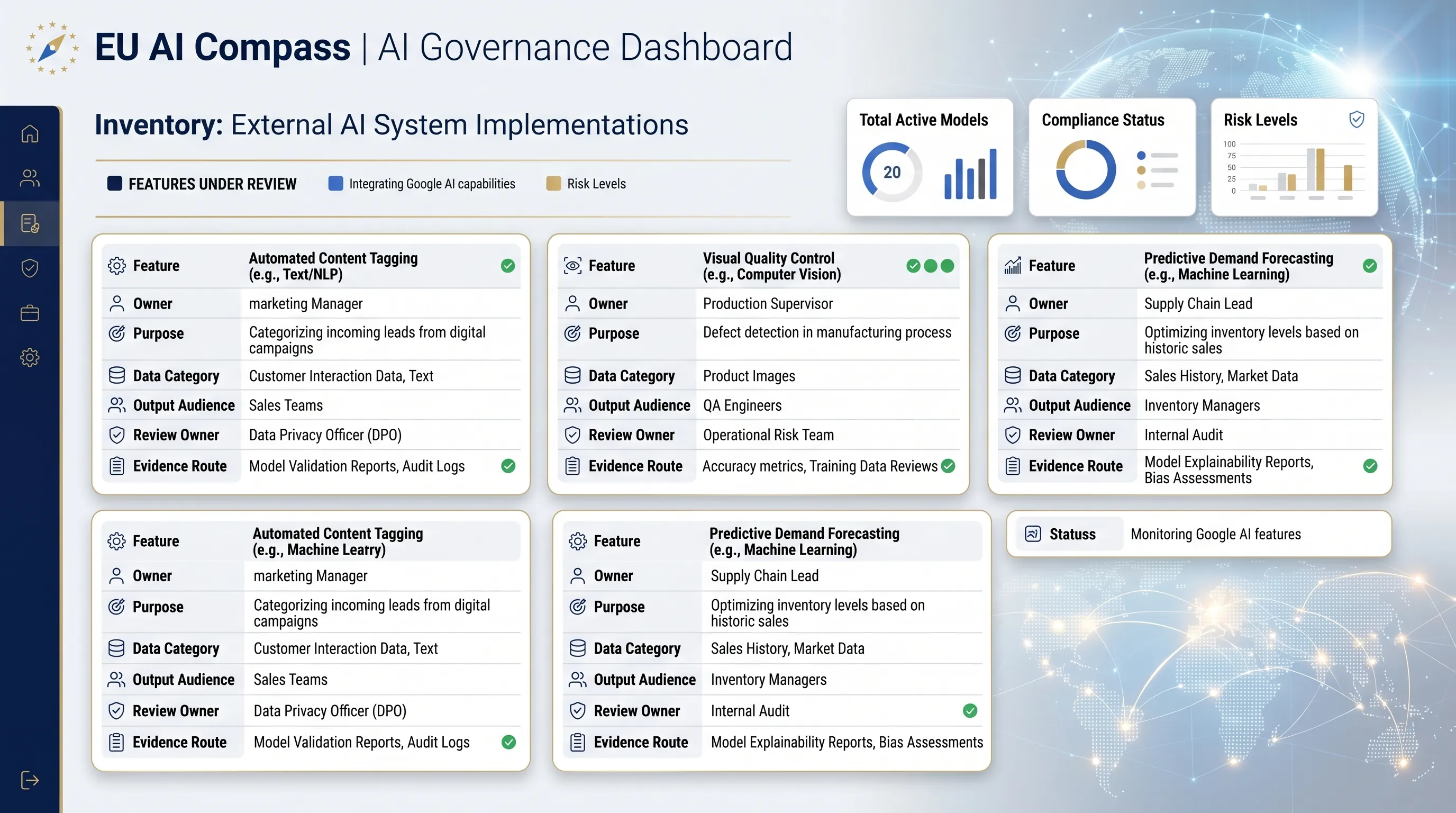 Google AI feature inventory template for EU AI Act readiness with service, owner, data, audience, review, and evidence route fields