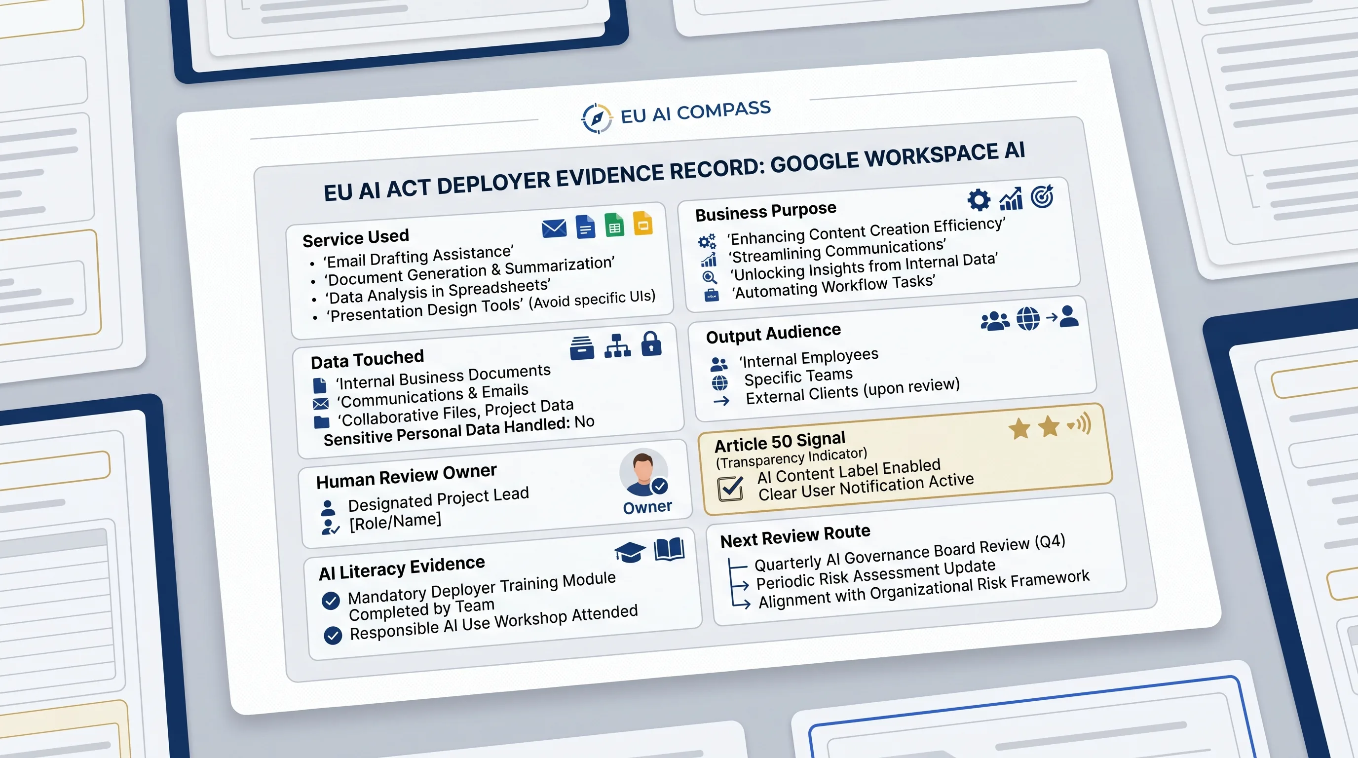 Google Workspace AI deployer evidence record with service, data, output audience, review owner, and next route fields