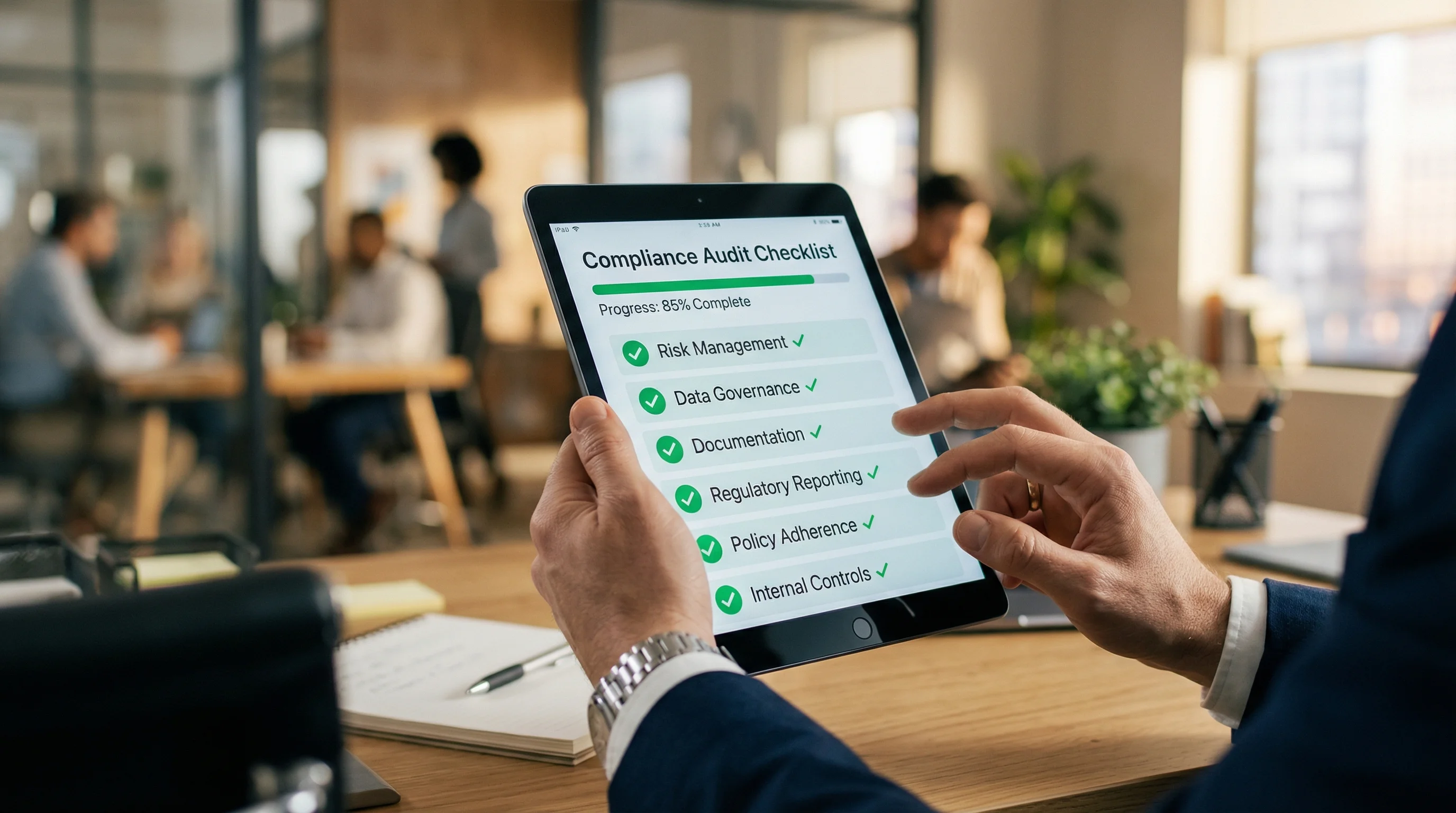Digital tablet showing 85% complete Compliance Audit Checklist for EU AI Act high-risk requirements