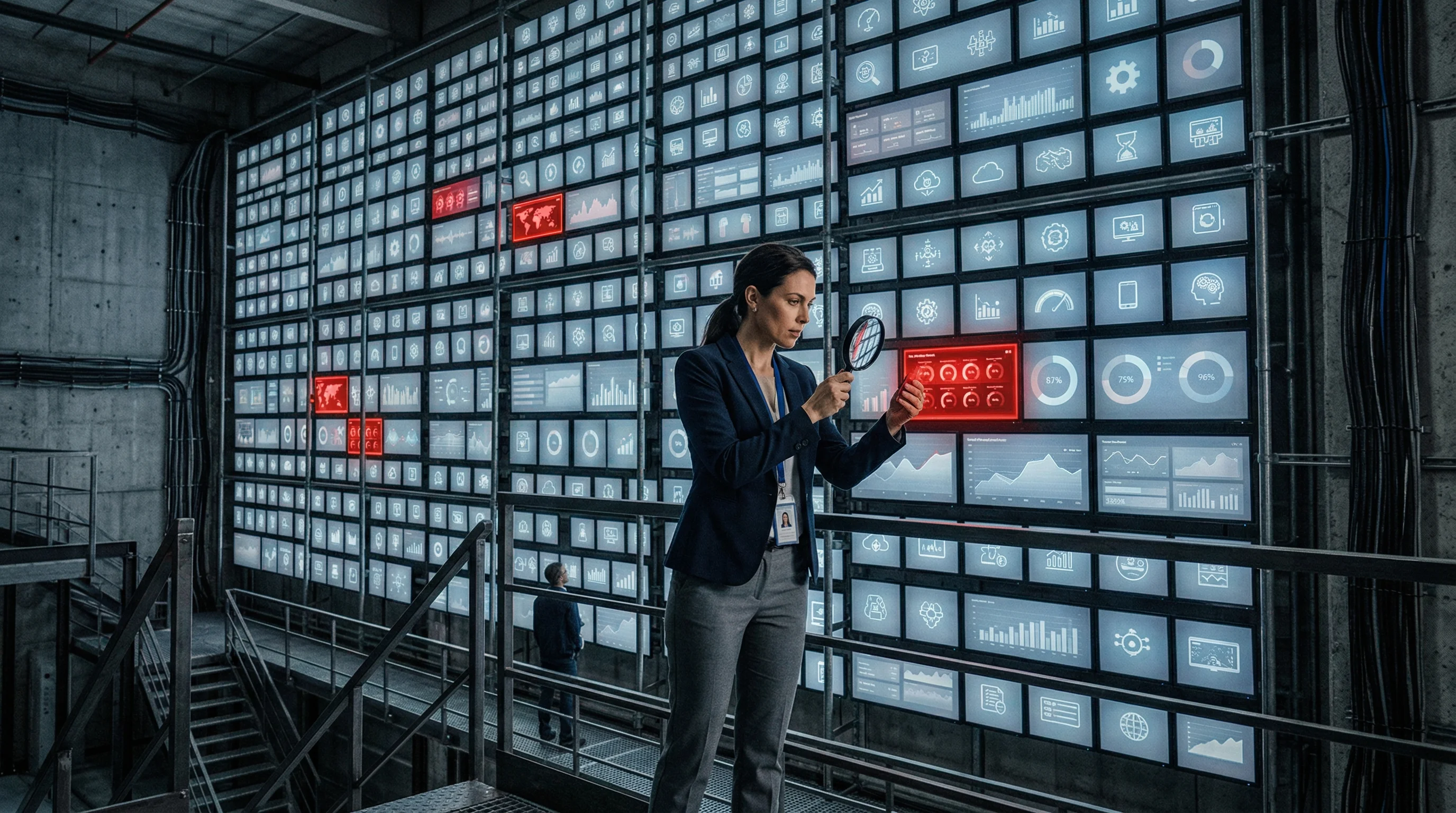 Cybersecurity expert inspecting large data wall with magnifying glass for EU AI Act high-risk compliance