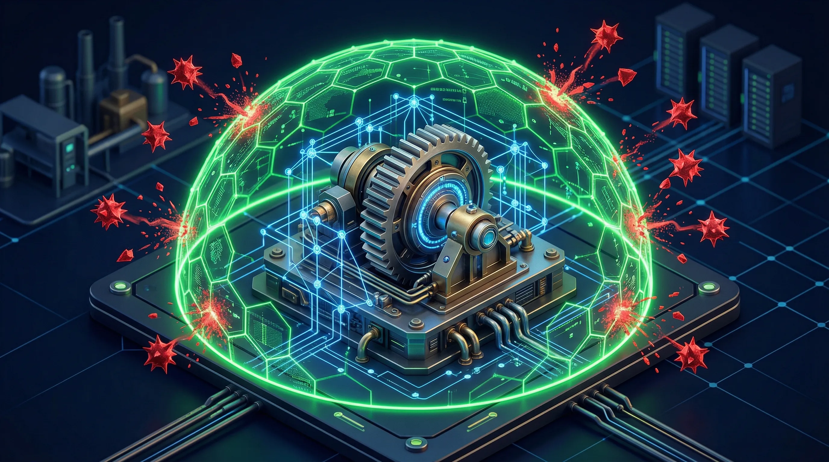 3D illustration of an industrial gear and digital grid protected by a glowing green compliance shield