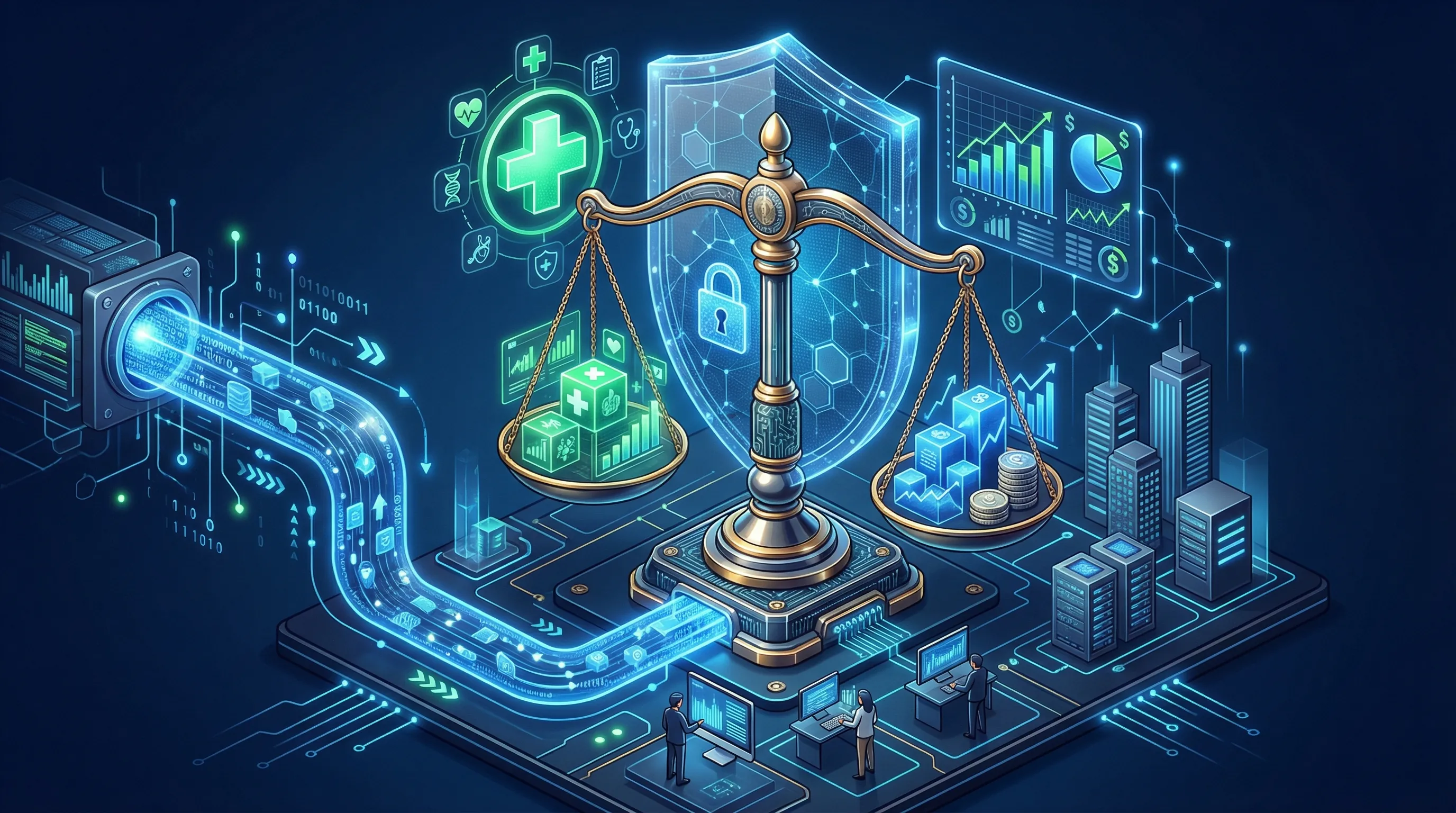 3D illustration of an actuarial data pipeline displaying a glowing health cross intersecting with a balanced financial scale