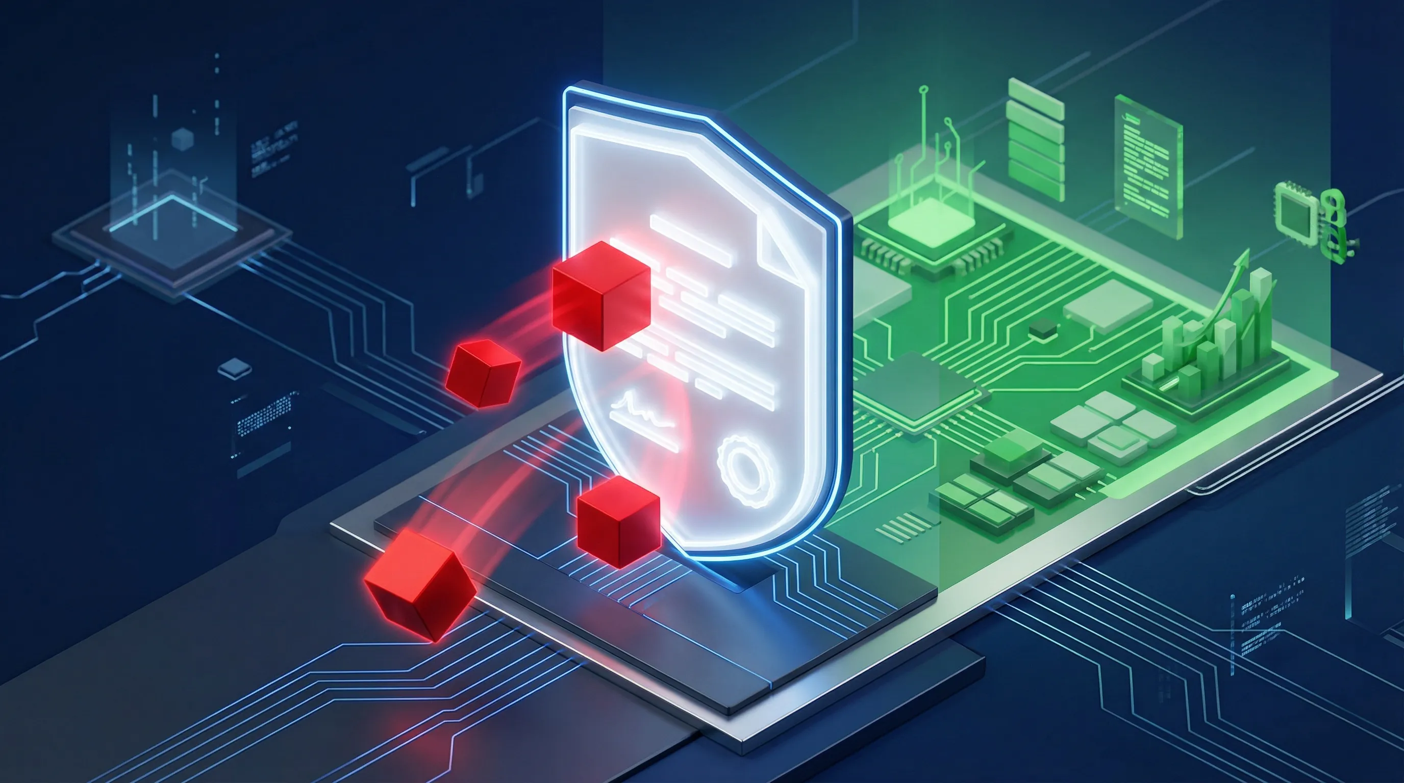 3D illustration of a legal document functioning as a shield deflecting heavy red compliance weights