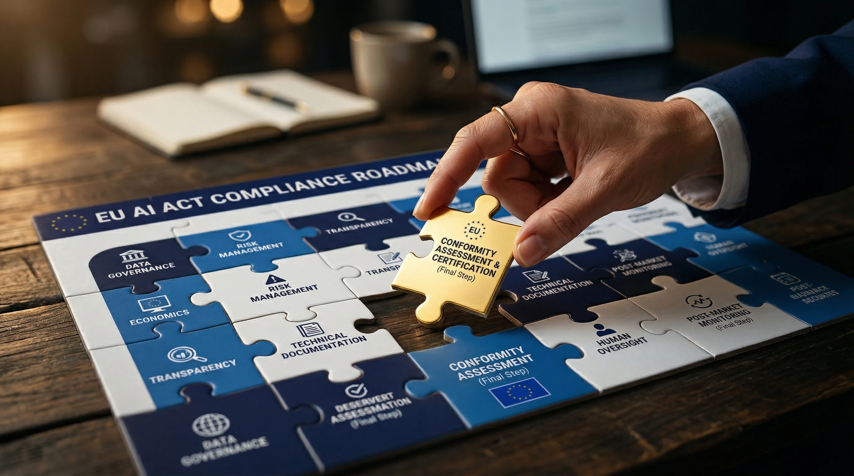 Hand placing a gold puzzle piece labeled Conformity Assessment into an EU AI Act compliance roadmap puzzle