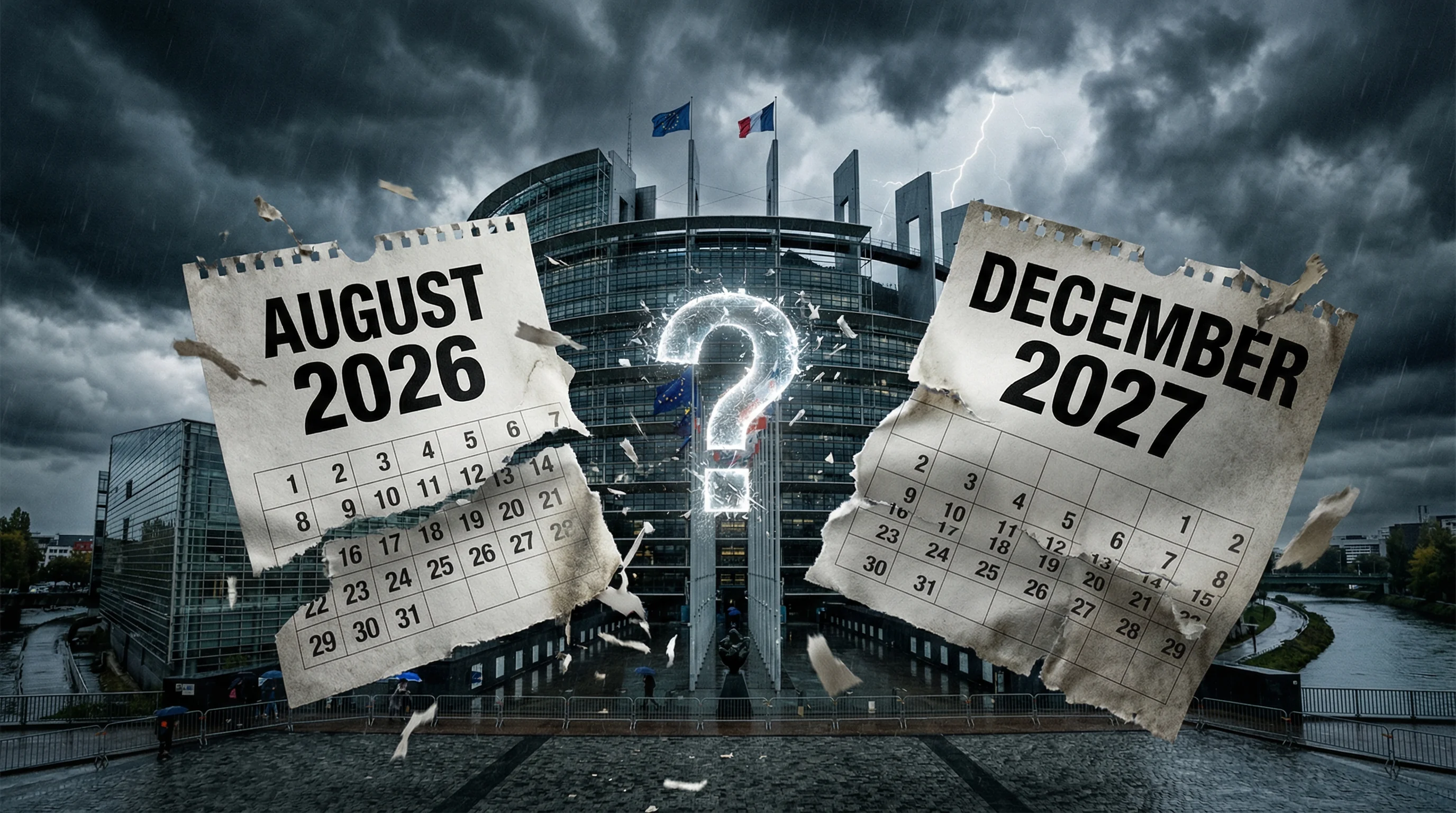 Dramatic comparison of EU AI Act deadlines August 2026 vs December 2027 with European Parliament building background