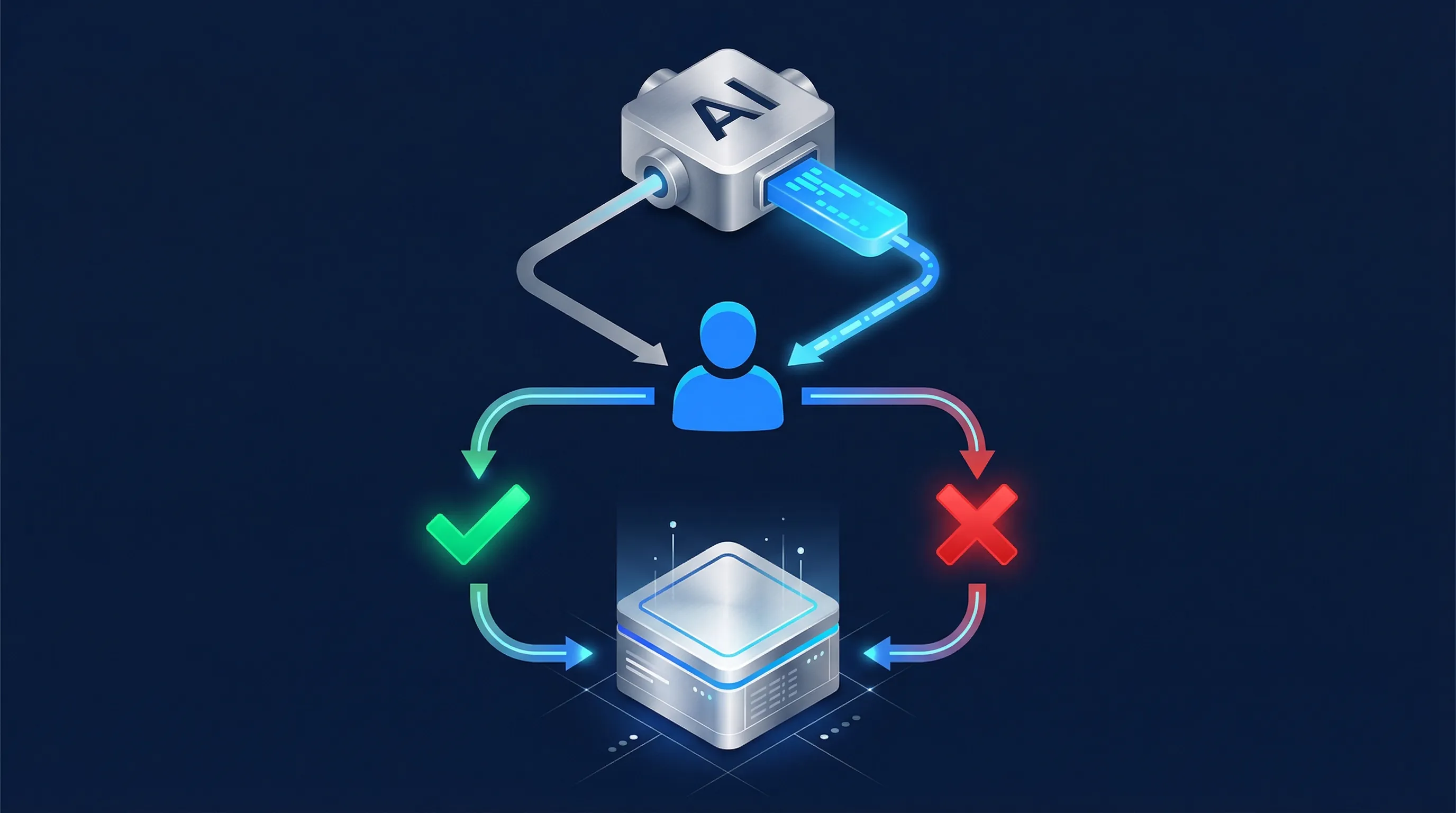 3D illustration of a human hand holding a glowing key, overriding an automated digital data stream