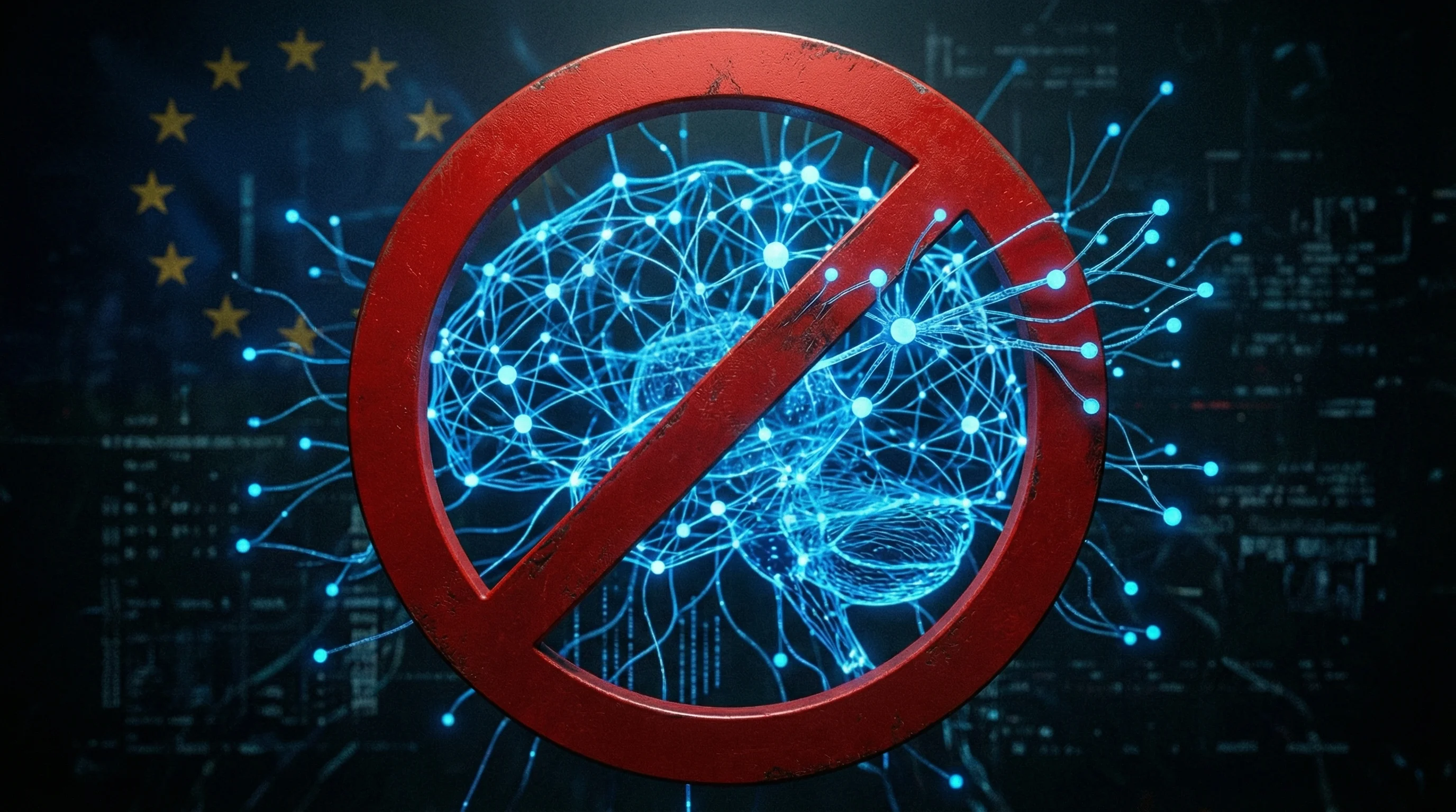 Prohibited AI practices icon with red ban symbol over neural network background EU AI Act