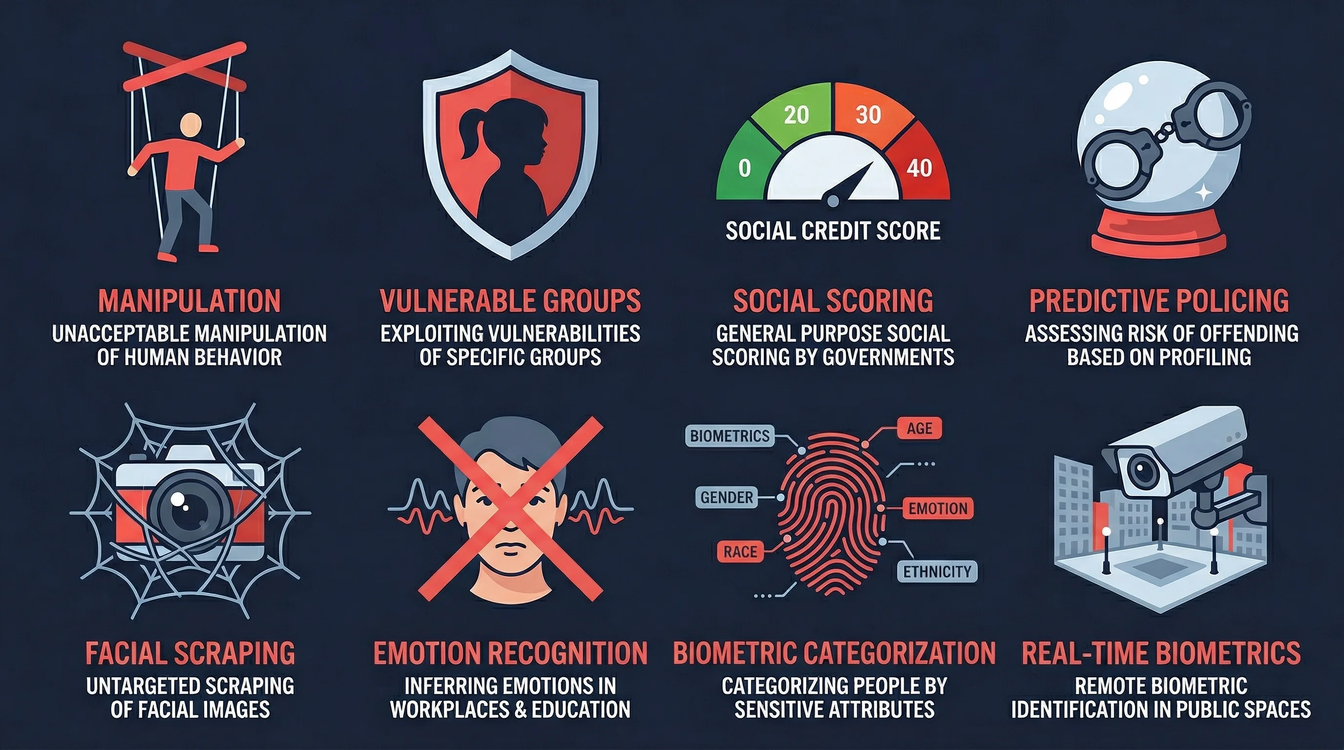 Infographic explaining all 8 prohibited AI practices: Manipulation, Vulnerable Groups, Social Scoring, Predictive Policing, Facial Scraping, Emotion Recognition, Biometric Categorization, Real-Time Biometrics