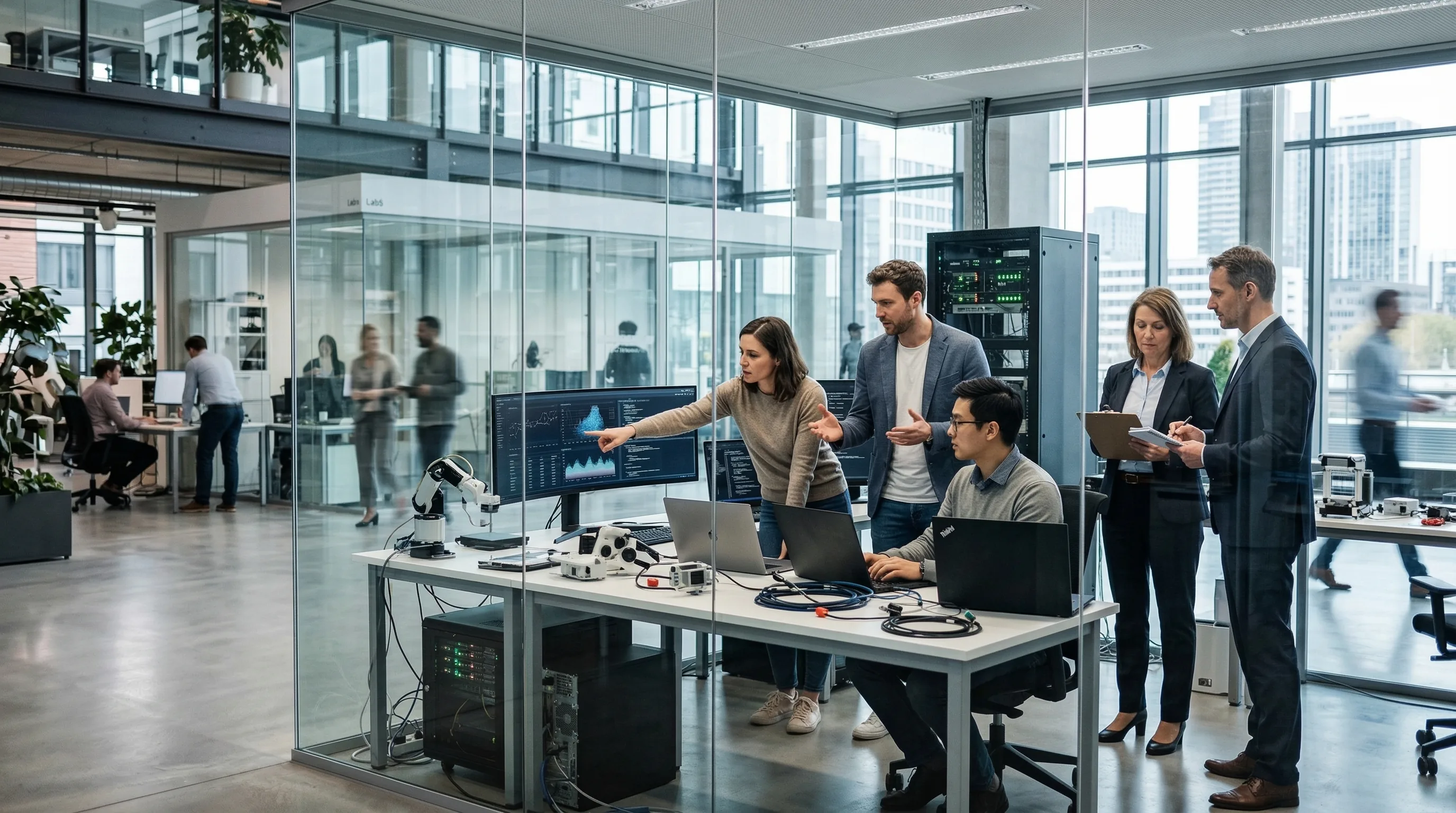 European innovation lab with startup founders, regulator observers, and product engineers testing AI systems inside a controlled compliance sandbox