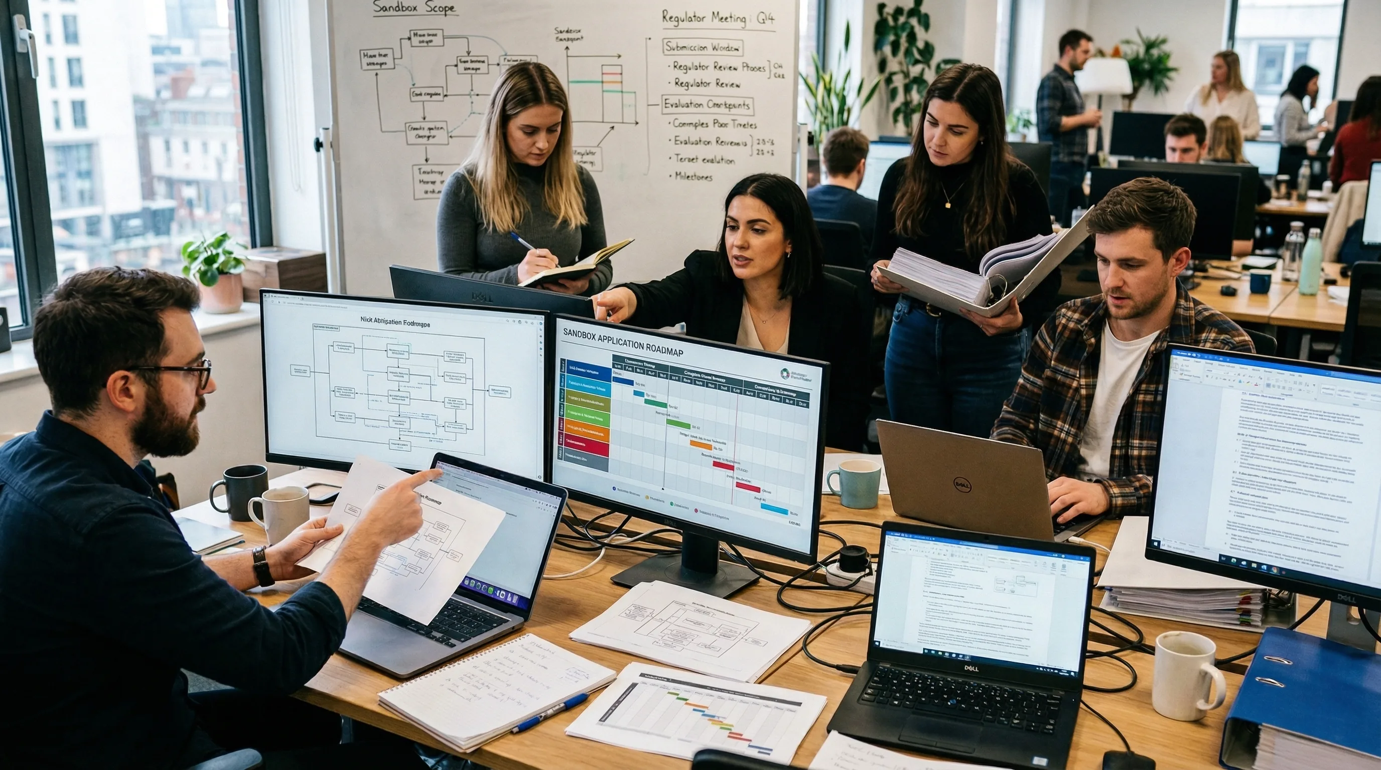 Startup compliance team reviewing sandbox application workflow, testing protocol, and evidence outputs with regulators on screen