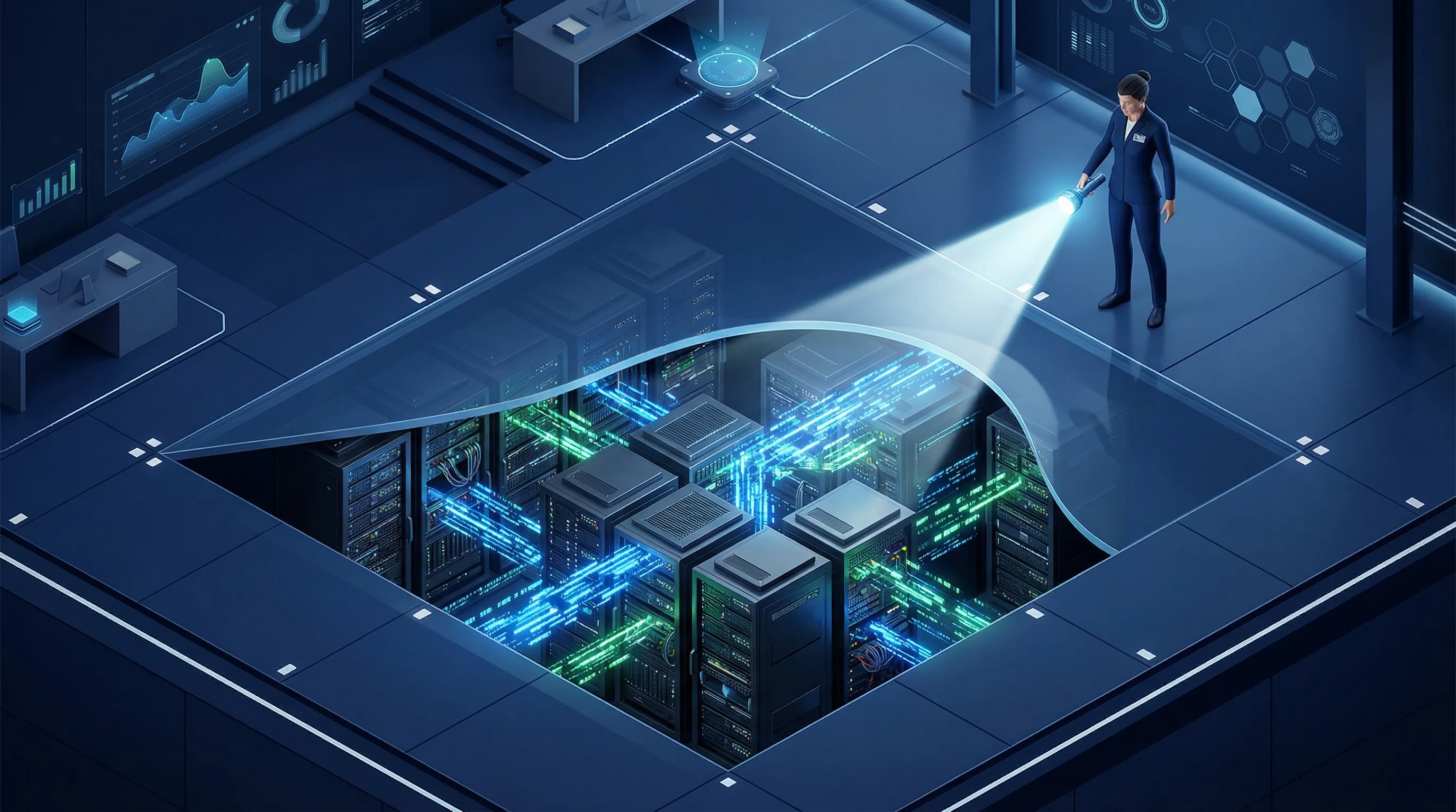 3D visualization of Shadow AI Discovery illuminating unsanctioned corporate AI nodes