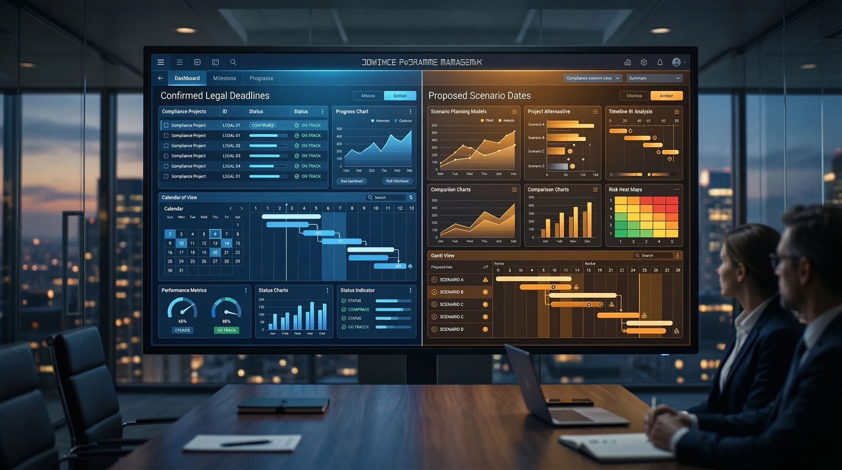 Two-track compliance roadmap comparing confirmed EU AI Act deadlines against proposed Digital Omnibus dates on a blue and amber executive dashboard