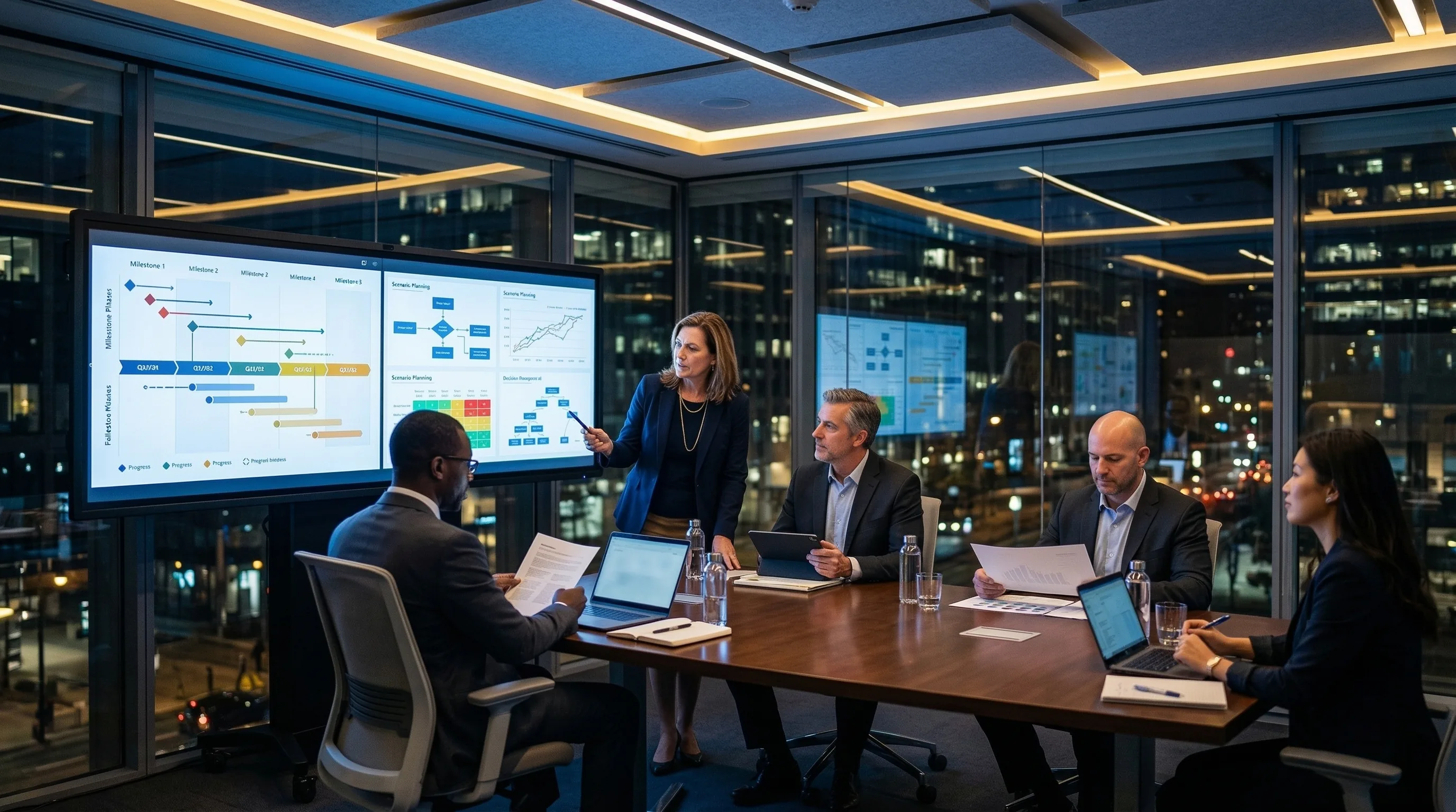 Compliance PMO team reviewing side-by-side dashboard with confirmed law milestones on one side and proposed Omnibus scenarios on the other